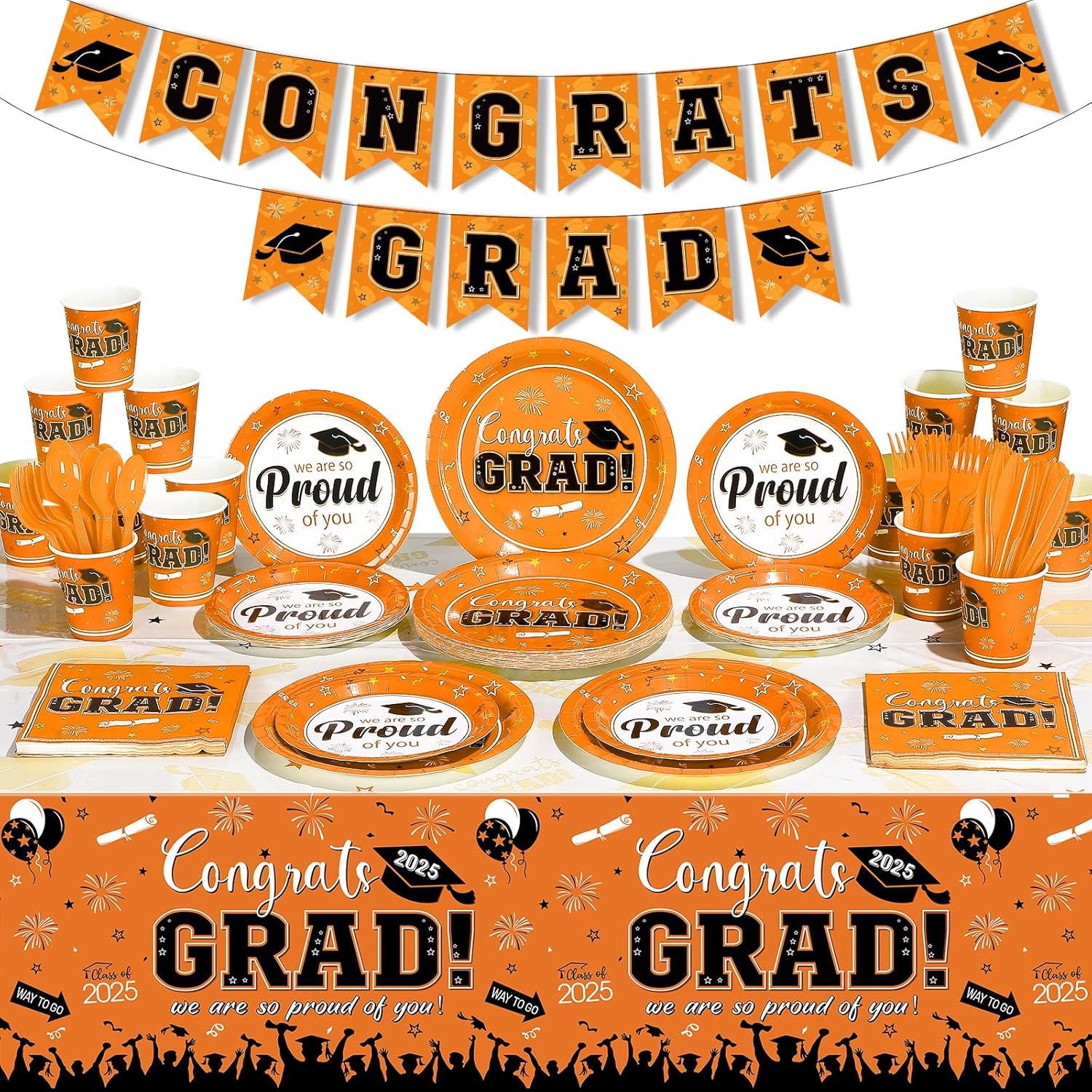 FunnyPars 357 Pcs Graduation Plates and Napkins Set & 3 Pack Graduation Tablecloth Party Decorations