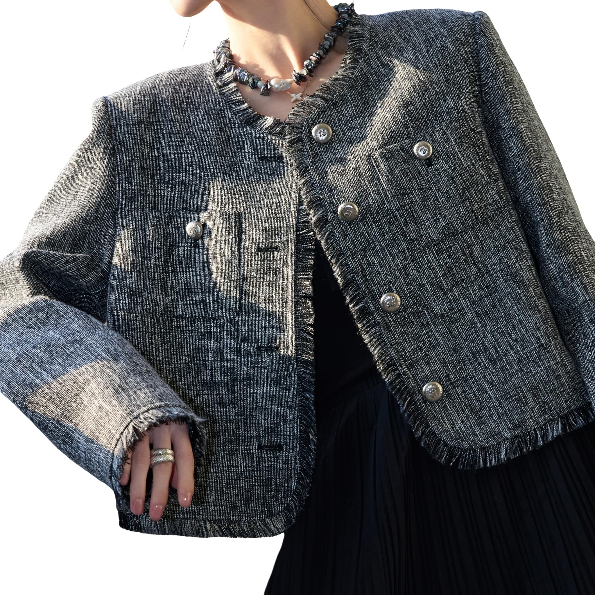 2025 Womens Spring Tweed Blazer Jacket Open Front Fully-Lined Business Casual Fashion Elegant Coat