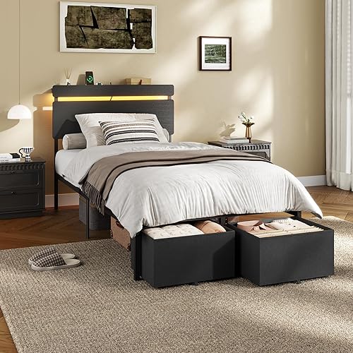 Miniatura 4 de Forestell - Marcos de cama individual con cabecera de madera, cama plataforma negra con 2 cajones de almacenamiento y estante, estación de carga