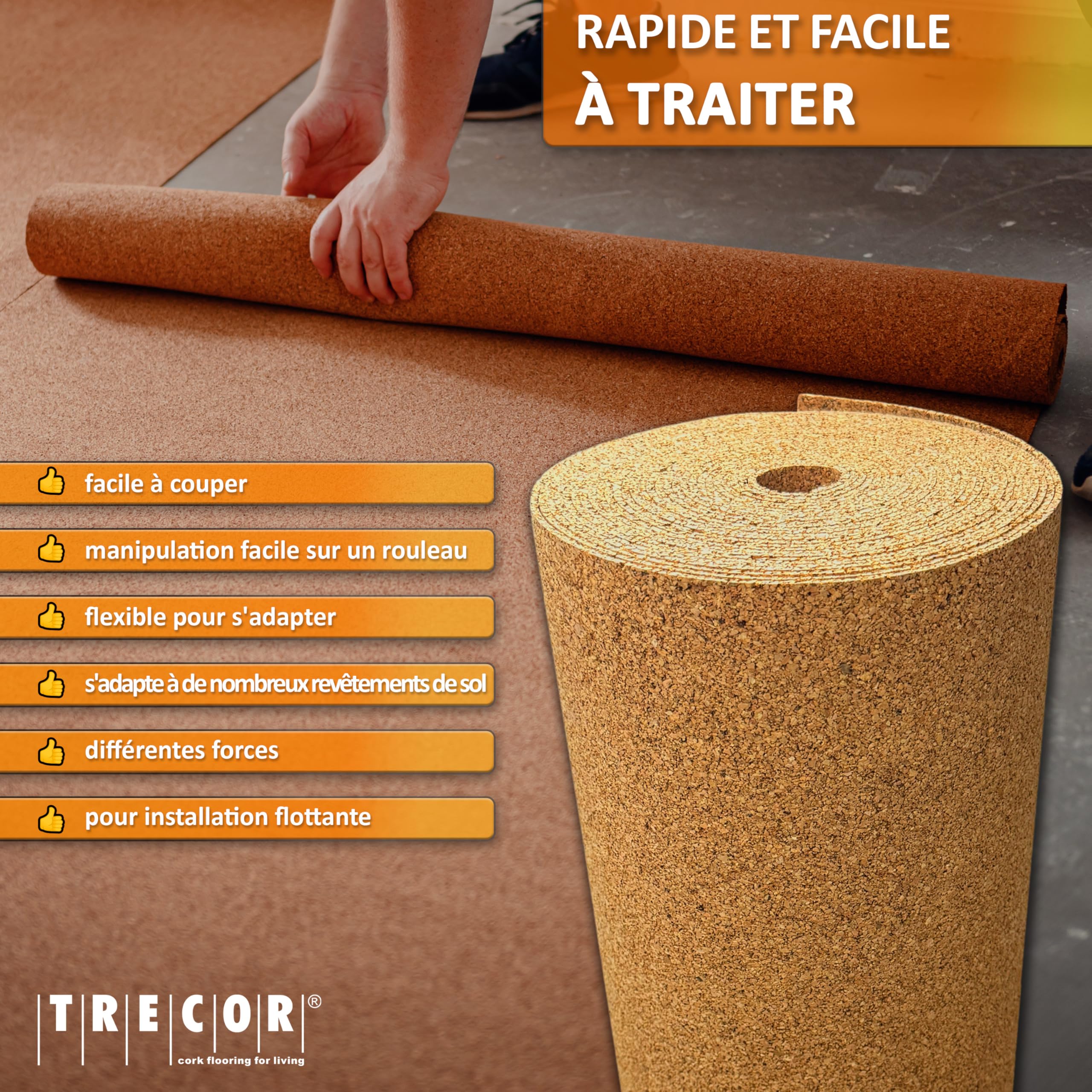 10 m² | Isolation phonique TRECOR Rouleau en liège – Épaisseur 10 mm – Isolation acoustique naturelle et écologique pour sols stratifiés et parquets – 10 m²