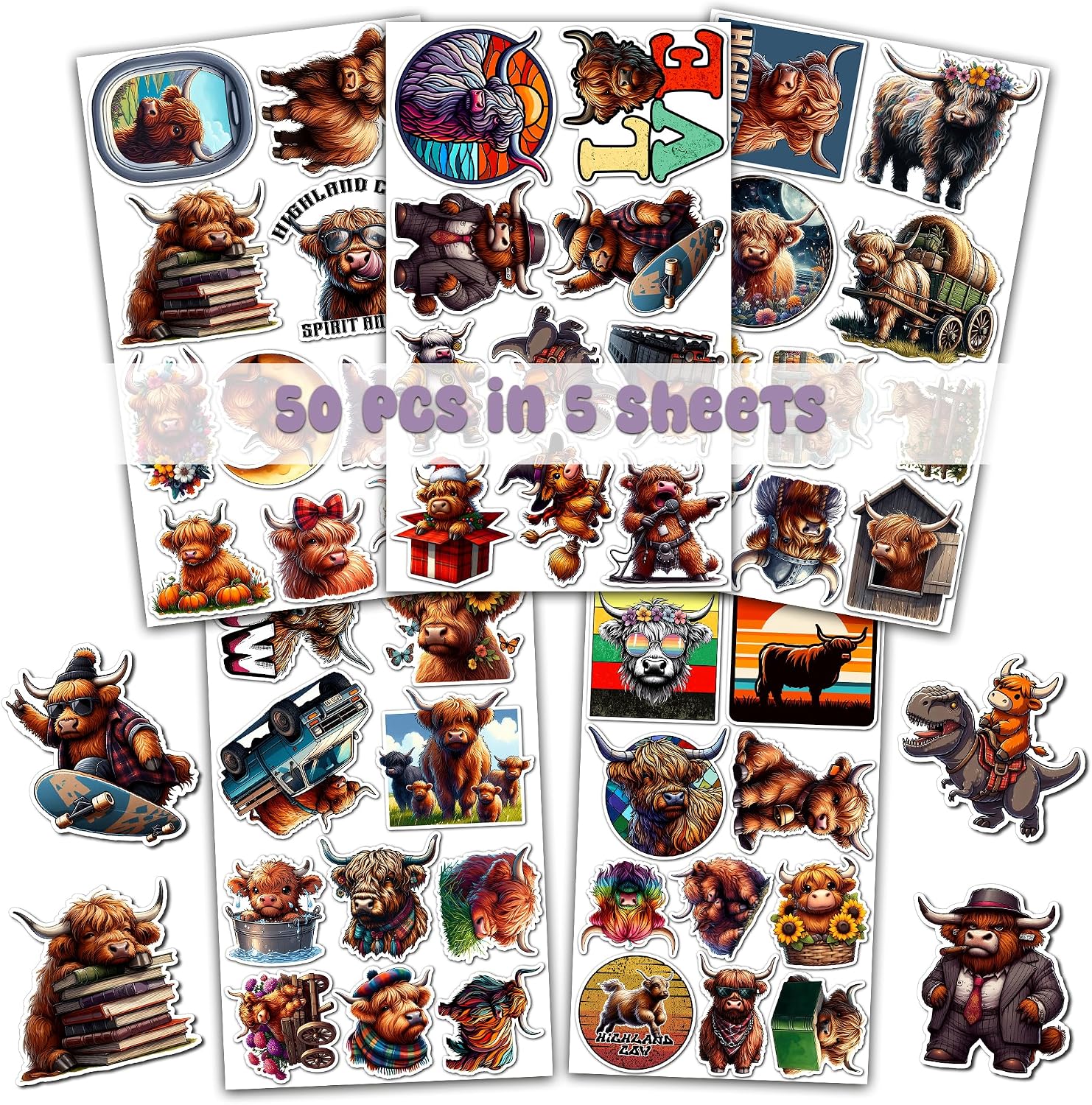Pack 50 PCS Highland Cow Stickers Aesthetics Waterproof Vinyl Decals Decorations for Water Bottle Laptop Phone Case Computer Scrapbooking Bumper Gifts for Kids Teens Adults image 3