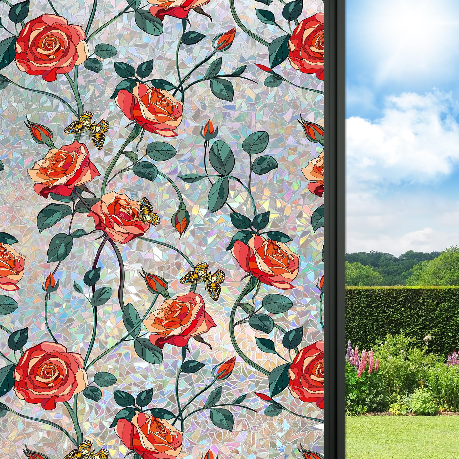 ConCus-T Red Rose Window Film Privacy Static Cling, 44.5 x 200cm