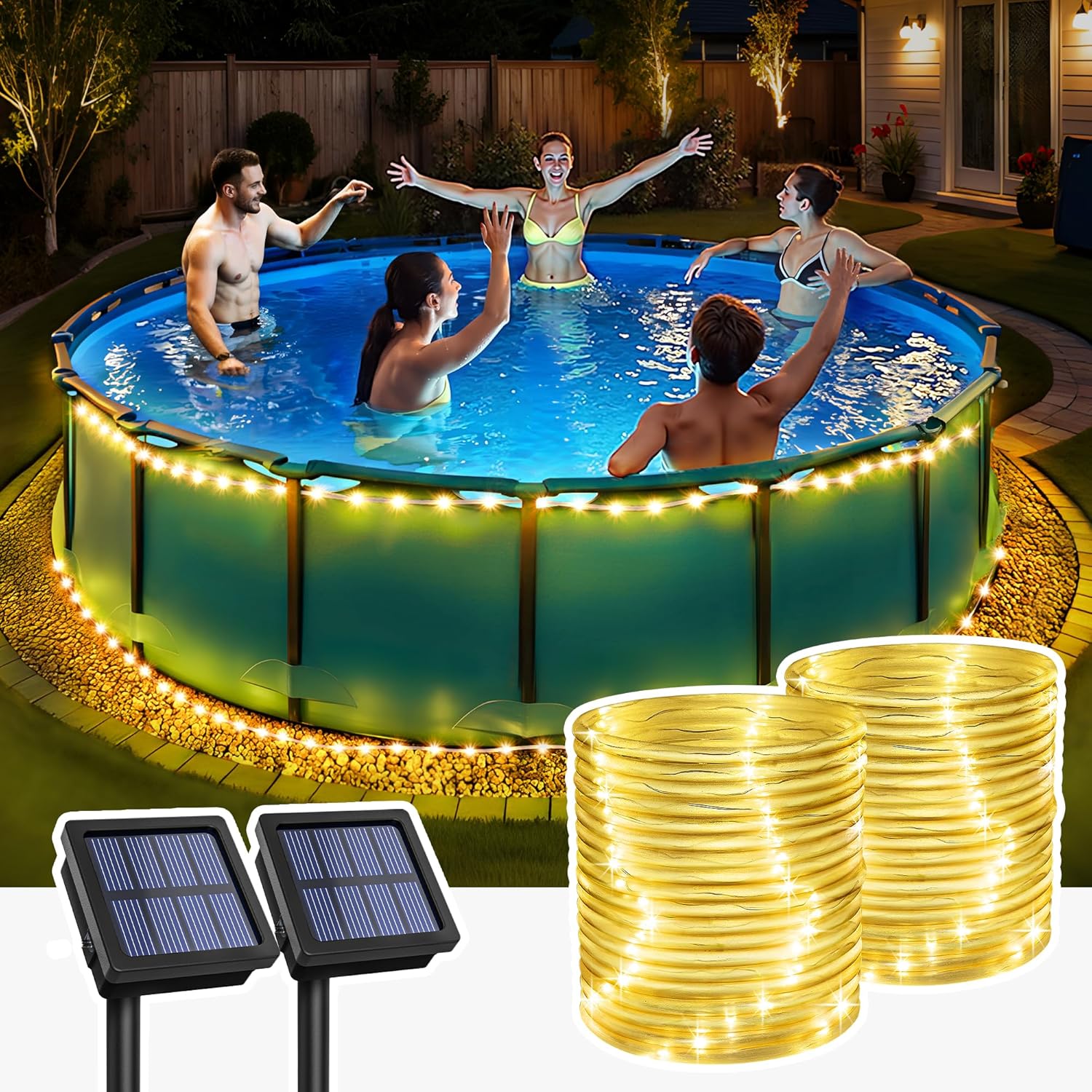GIGALUMI 2 Pack Solar Rope Lights Outdoor Waterproof, Total with 200 LEDs 71.4 FT 8 Modes, Pool Lights for Above Ground Pools, Outdoor Pool Decoration Accessories (Warm White)