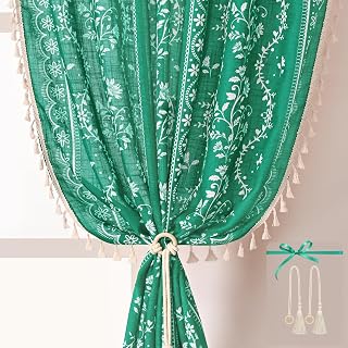 Yinhua Boho Curtains for Living Room 84 Inch Length Vintage Linen Teal Curtains for Bedroom Light Filtering Floral Window Curtain Rod Pocket & Back Tabs Farmhouse Rustic Tassel Drapes with Tiebacks