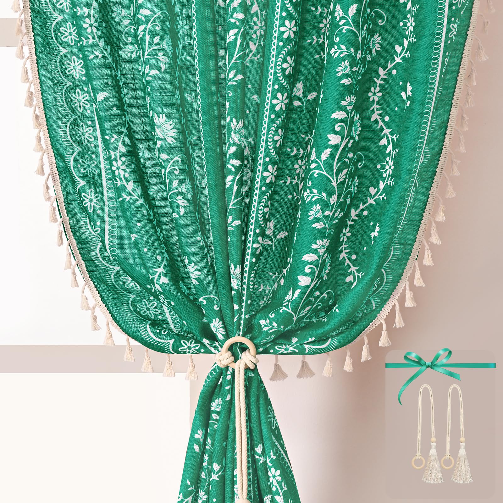 Yinhua Boho Curtains for Living Room 63 Inch Length Vintage Linen Teal Curtains for Bedroom Light Filtering Floral Window Curtain Rod Pocket &amp; Back Tabs Farmhouse Rustic Tassel Drapes with Tiebacks