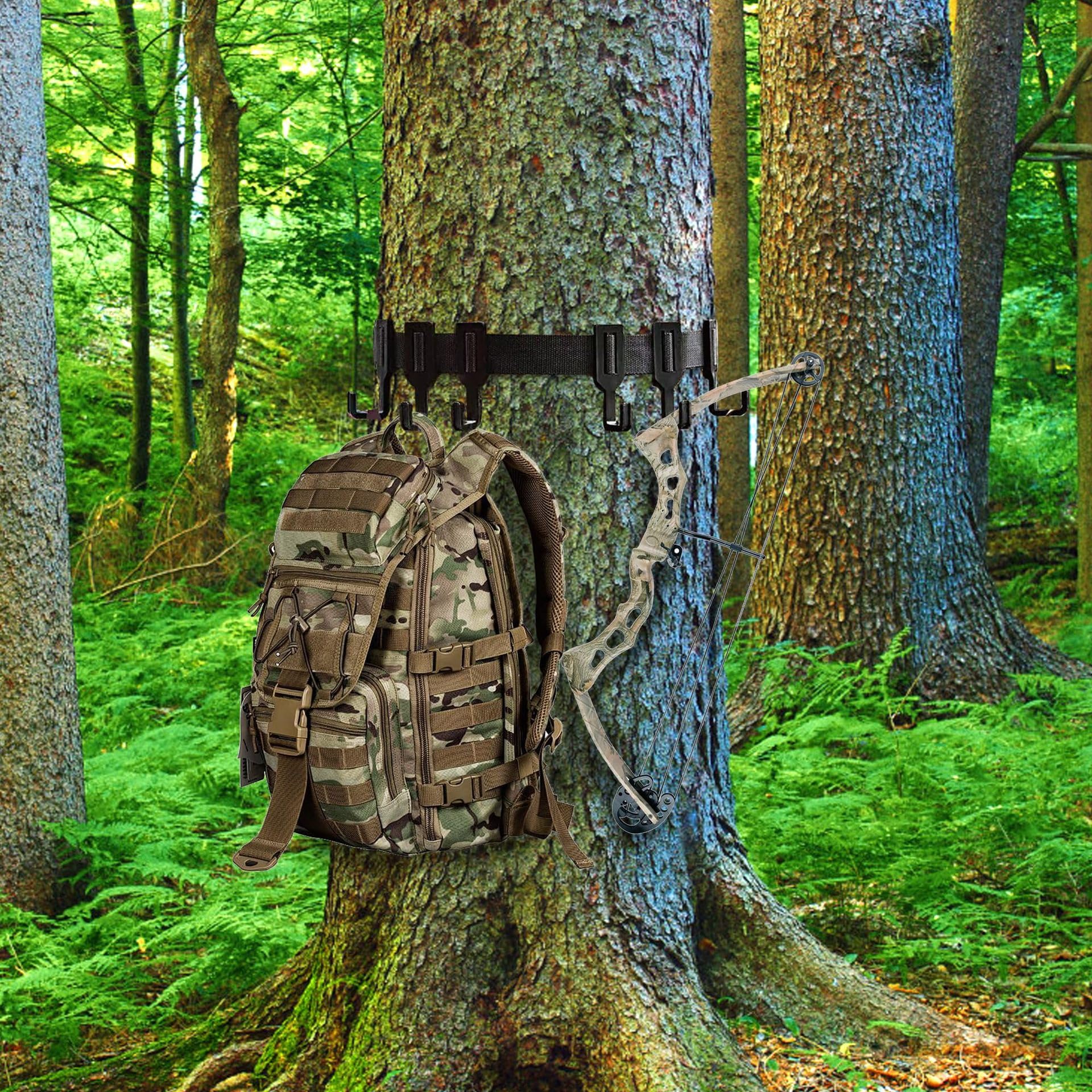 Colgadores para Árboles de Equipo de Caza, Negro Gancho con Correas de Trinquete, Soportes de Silla de Árbol Resistentes, Soporte para Árbol al Aire Libre para Caza (1 Correa con 6 Ganchos)