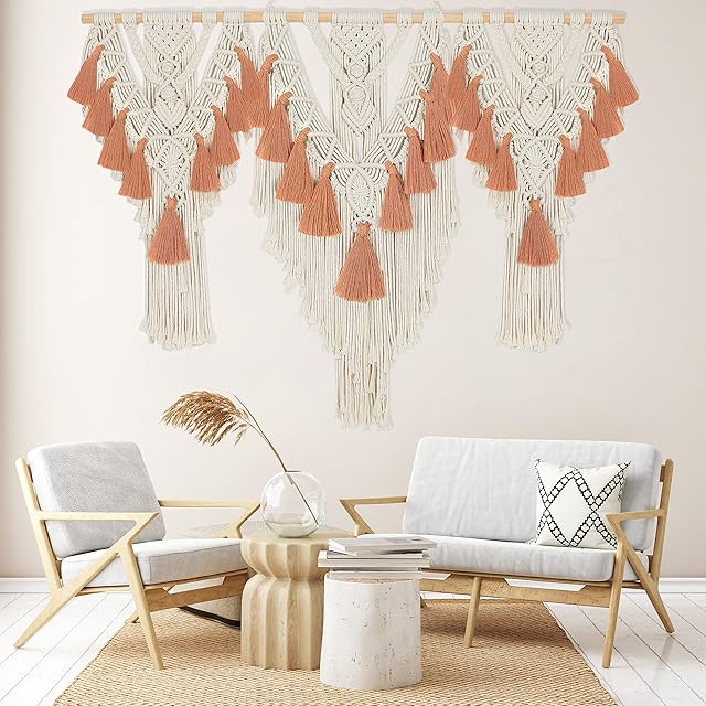 HOLAVIDA Large Macrame Wall Hanging, Bohemian Handmade Tassel Tapestry, Nordic Style Woven Wall Decor for Bedroom Living Room(110cm×67cm)
