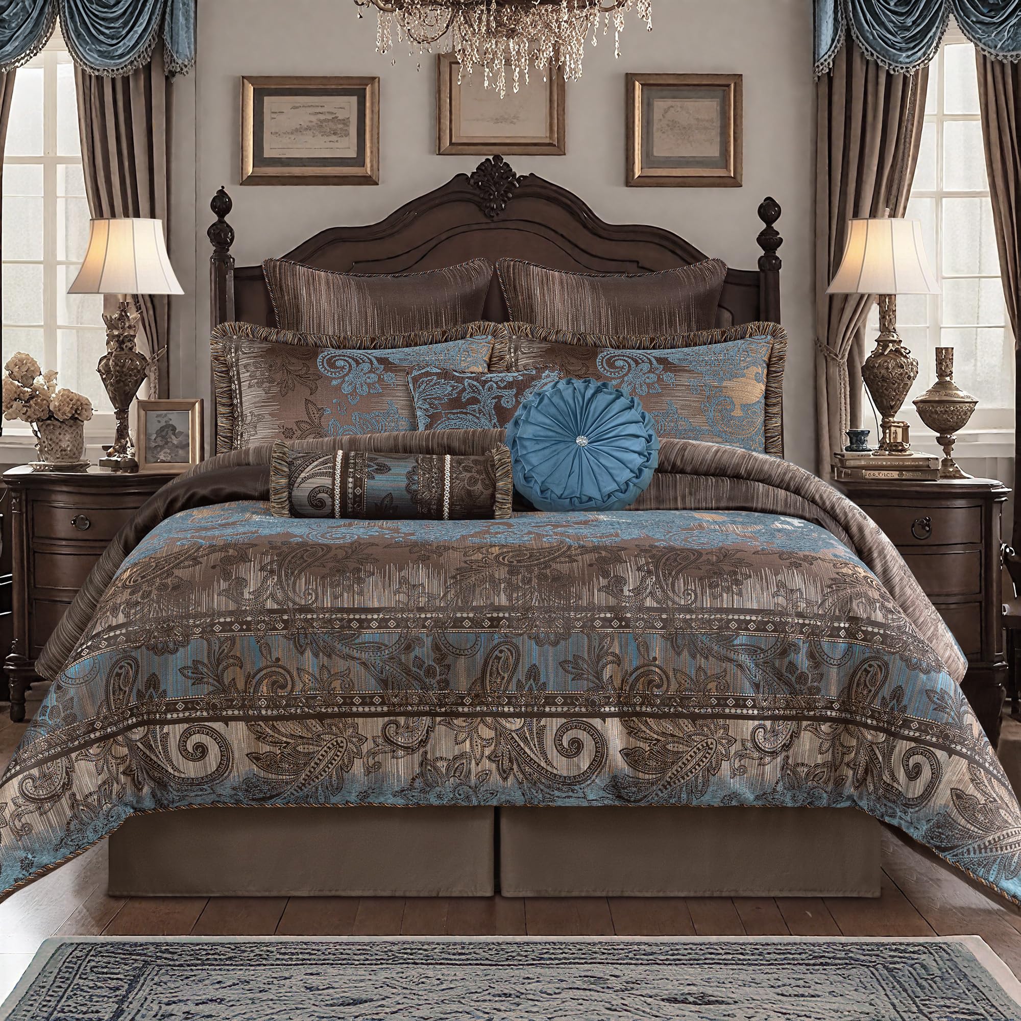 Loom and Mill 9-Piece King Size Comforter Set, Vintage Paisley Jacquard Comforter Sets King, All Season Soft Bedding Sets with Euro Shams, Bedskirt,