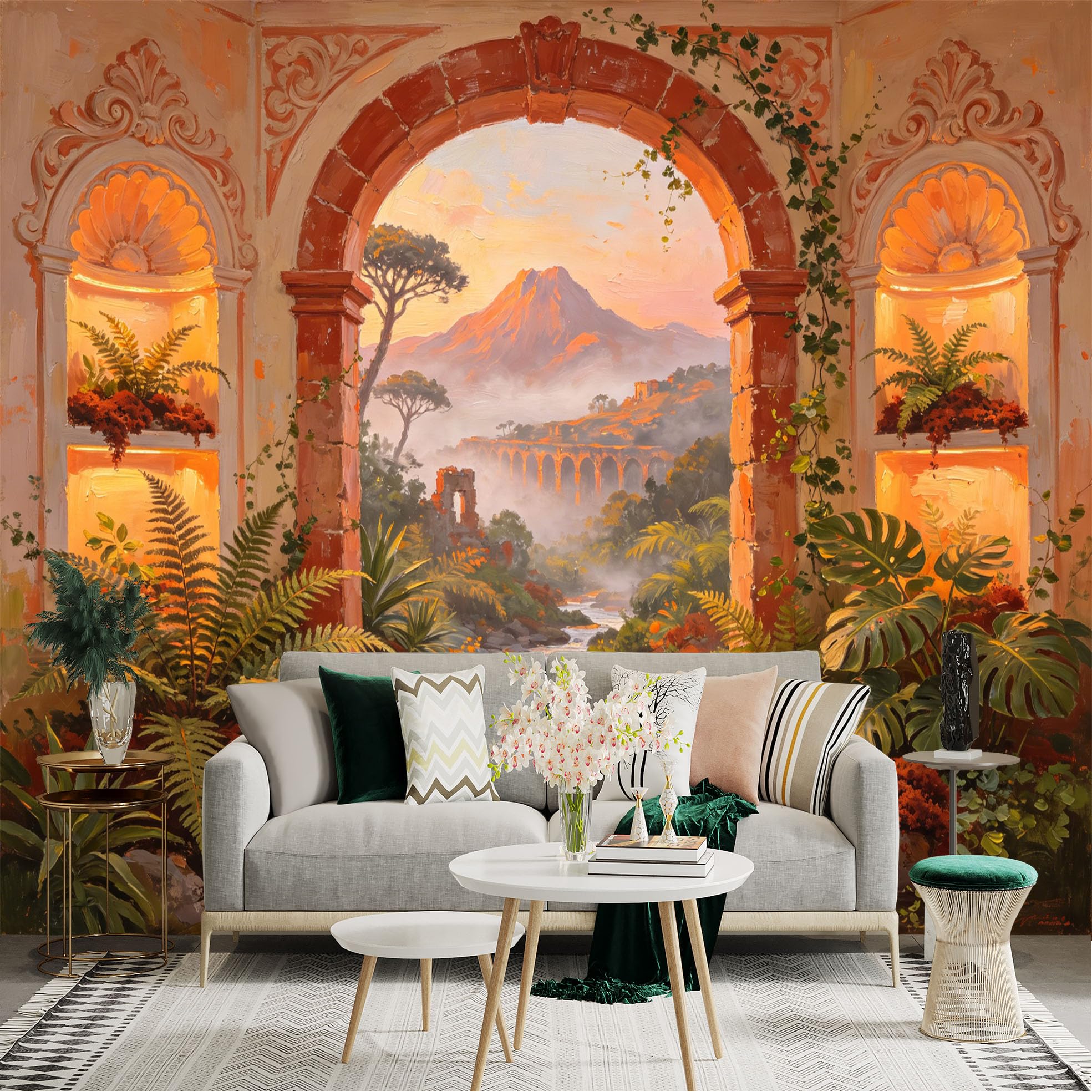 Custom Size Wall Sticker Mural， Sunset Mountain View Through Stone Arch with River and Lush Plants， for wall Decoration， peelandstick wall Decals.