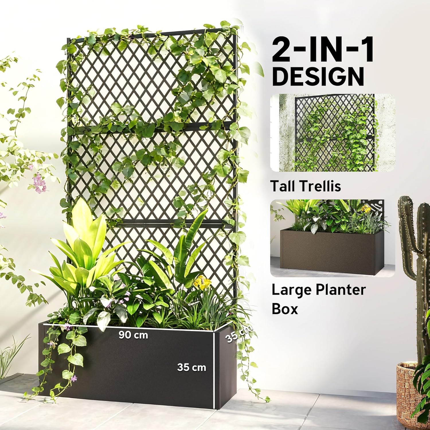 Outsunny Metal Planter Box with Trellis, Raised Garden Bed with Trellis Privacy Screen and Drainage Holes for Climbing Plants, Diamond Lattice Privacy Planter for Garden, Patio, Balcony