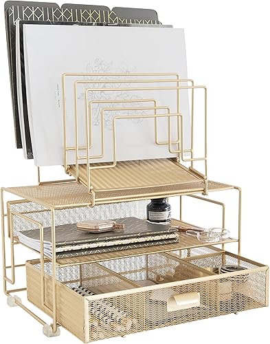 Miniatura 7 de BLU MONACO Workspace - Organizador de escritorio y accesorios de escritorio de oro rosa con clasificadores de archivos y cajón para suministros de