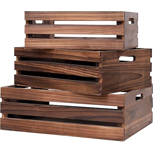 Large Size Wood Crates For Storage,Decorative Vintage Black Wooden Crates For Display,Handmade Solid Wood Boxes,Set Of 3 Rustic Black Wooden Crate. (vintage black)