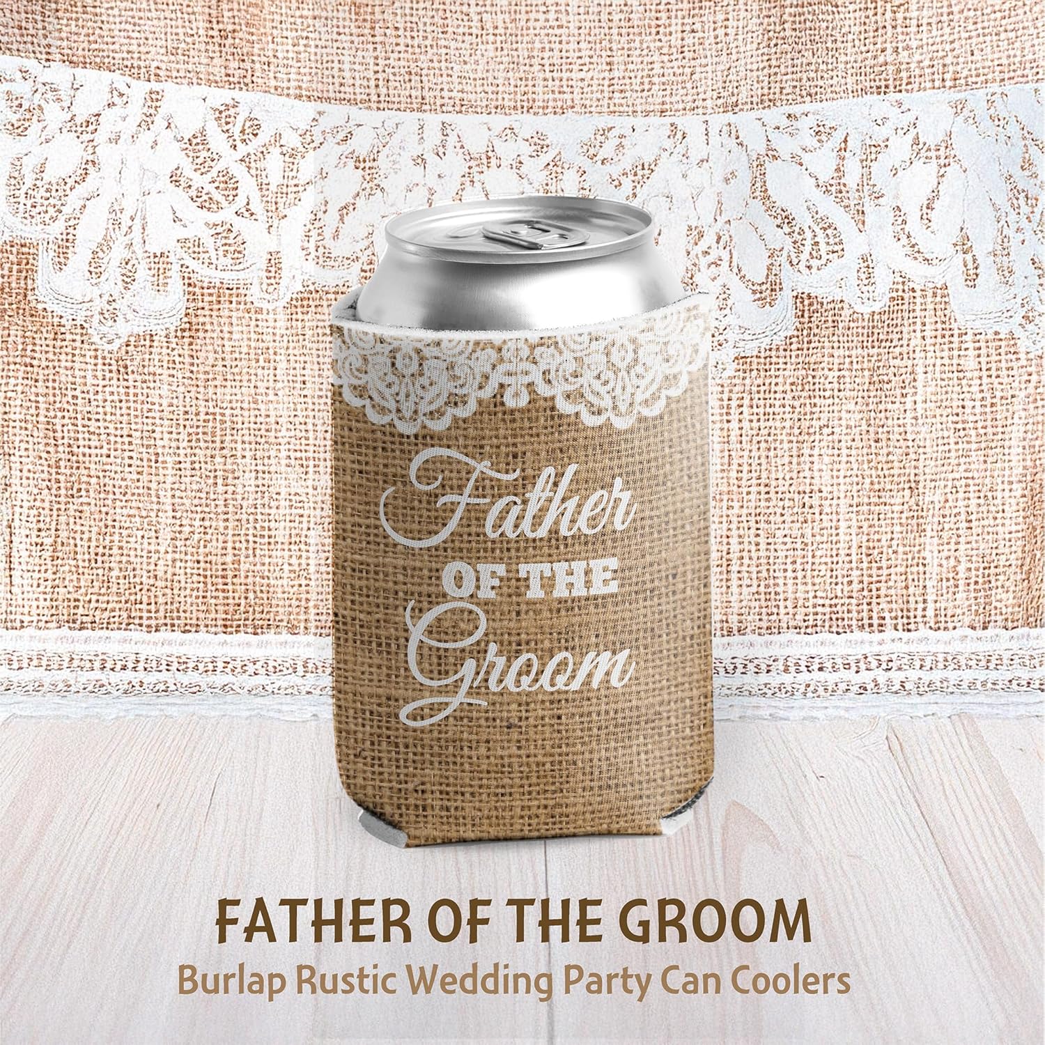 VictoryStore Burlap Rustic Wedding Party Can Coolers – Father of the Groom Design – Foam Insulated Beverage Sleeves for 12-16 oz Cans & Bottles – Wedding Favors, Bachelorette Party Gifts