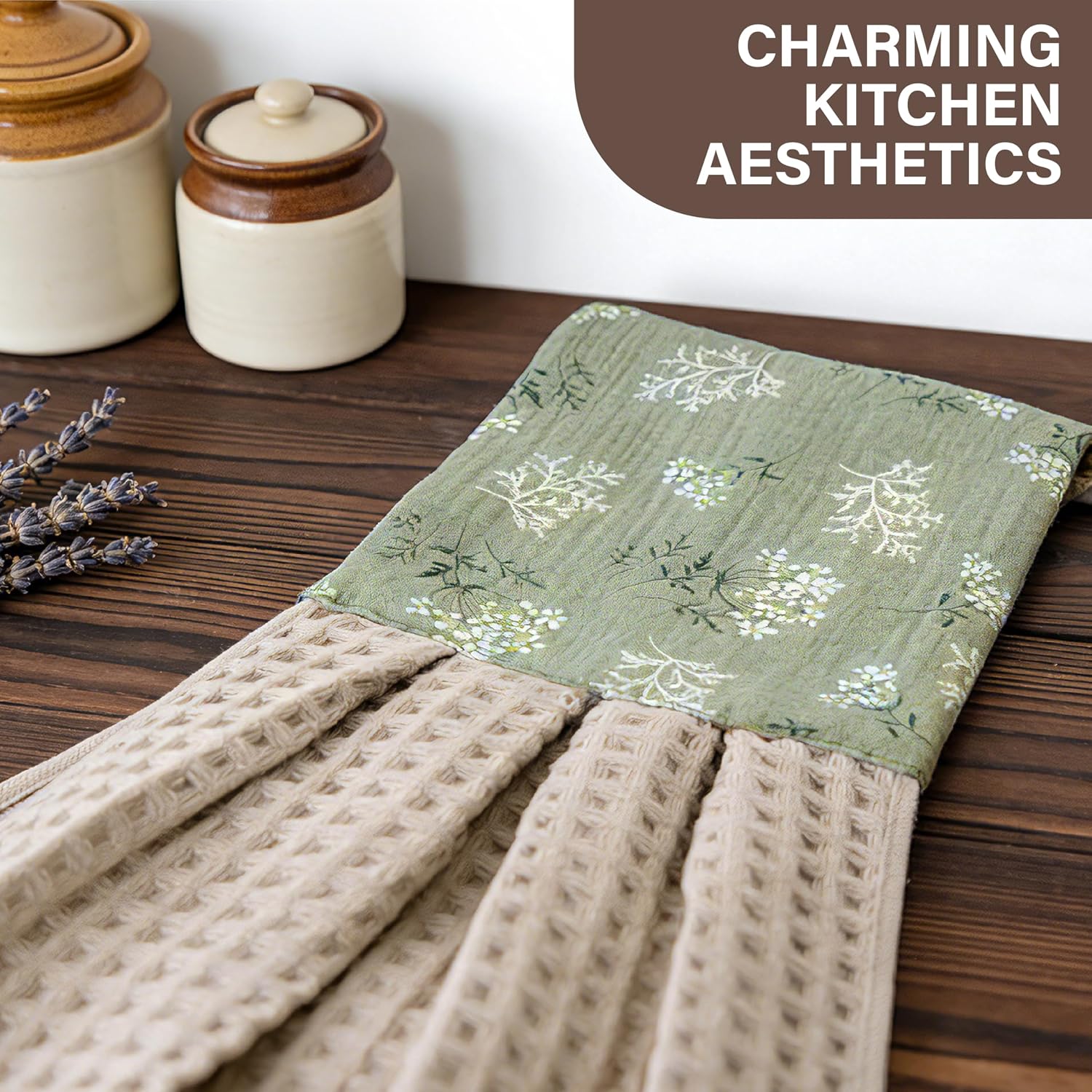 Cozy Laur Kitchen Towel Scarf – 100% Cotton Waffle Weave Hand Towel with Floral Bib Apron for Cooking, Cleaning & Decoration