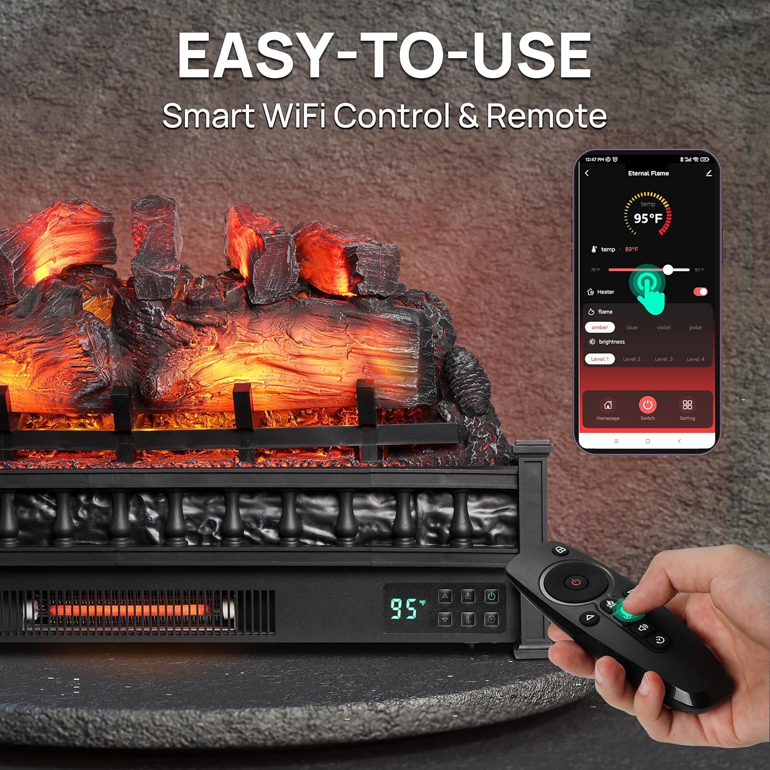 TURBRO Eternal Flame electric fireplace log heater with remote control and smartphone app interface