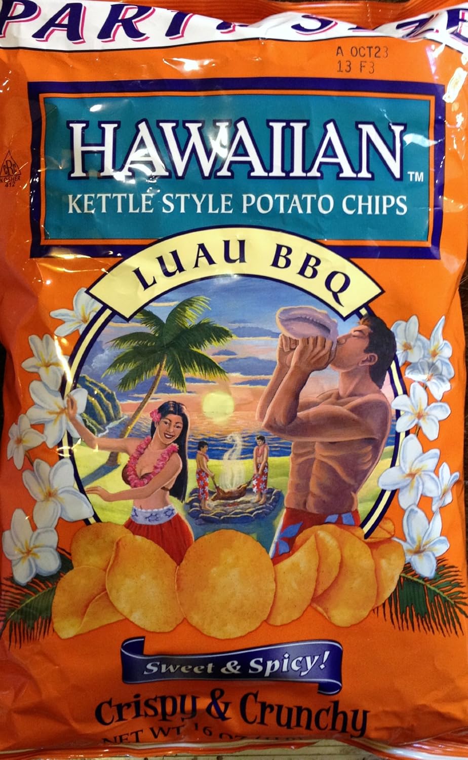 Hawaiian, Kettle Style Potato Chips, Luau BBQ, Sweet & Spicy, Party Size, 16oz Bag (Pack of 2)