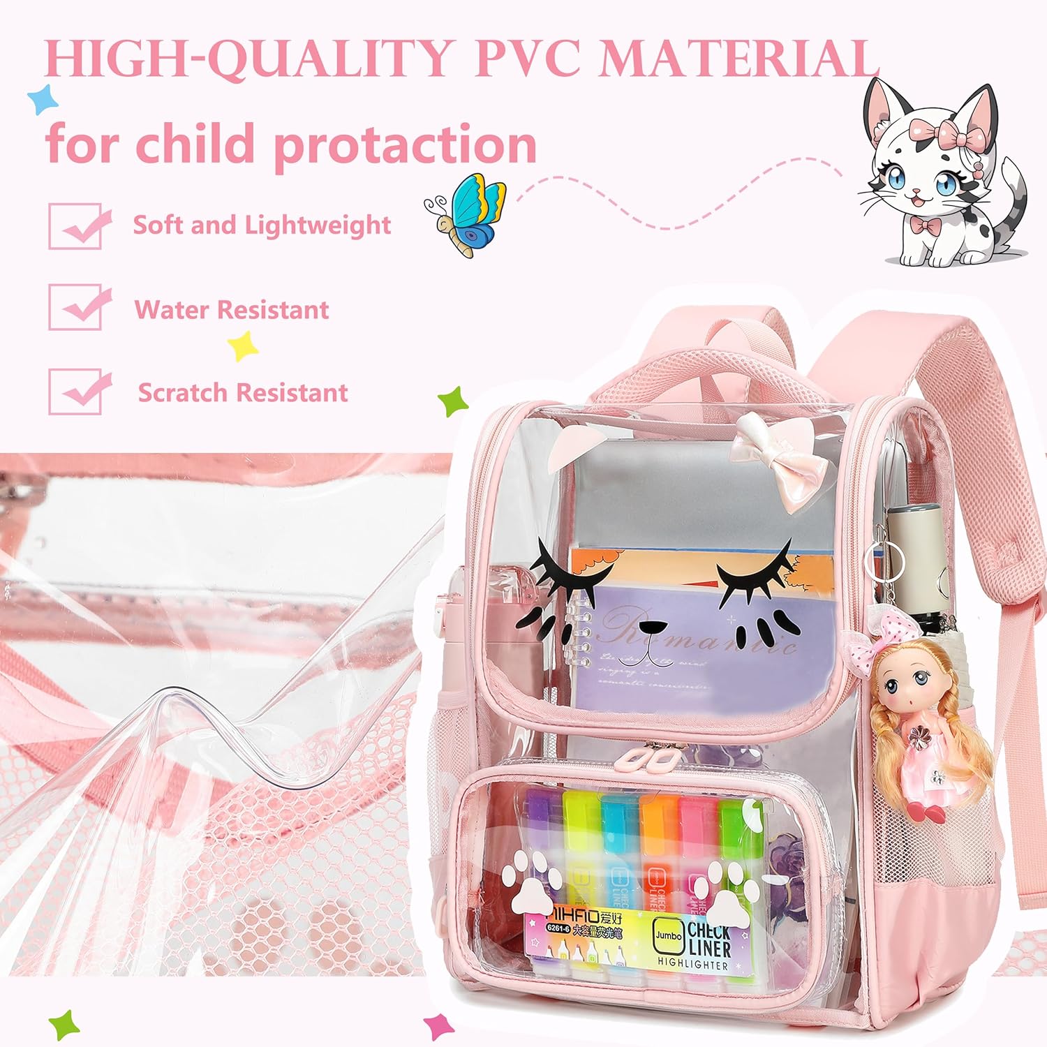 AO ALI VICTORY clear backpack Girls with Tote Bag Heavy Duty PVC Transparent Cute Backpack for Kids Toddler Preschool Bookbags Elementary School Bags See Through Casual Travel Daypack, Pink Set - Image 3