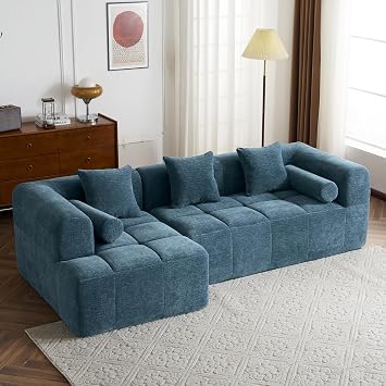 Flieks 101.2" Sectional Sofa Modular Sofa Couch with Deep Seating and Two Side Pockets for Living Room, Blue