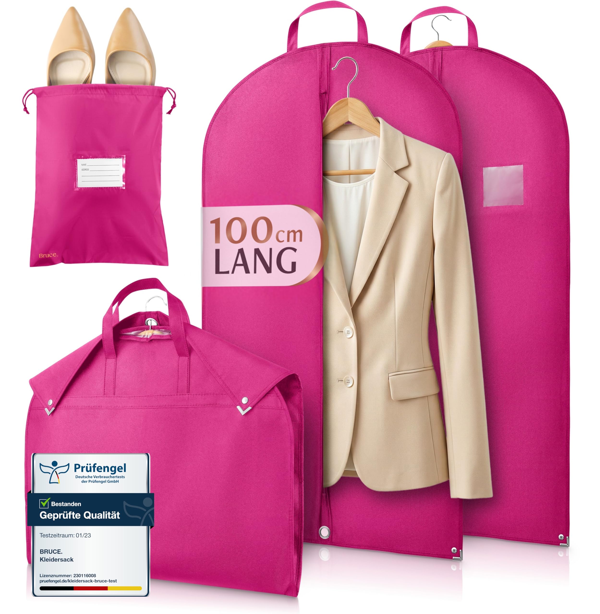 Bruce.® 2x Garment Bags 100x60 cm + Shoe Bag – Fuchsia