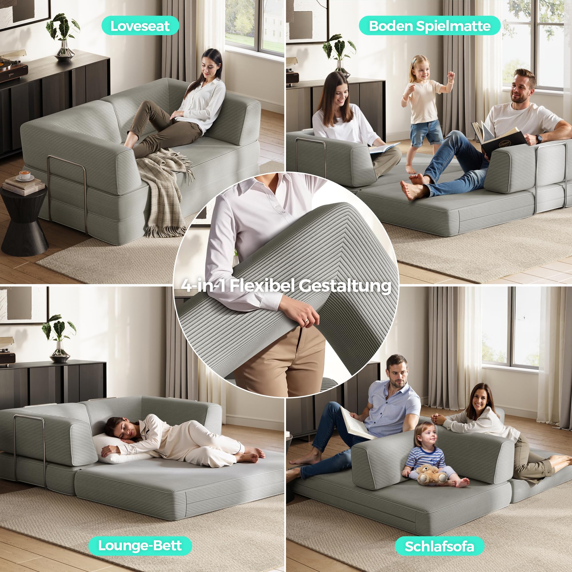 LINSY HOME Sofa z funkcją spania – sofa podłogowa z poduszką na plecy – rozkładana sofa do spania o szerokości 160 cm – tkanina sztruksowa do salonu, sypialni
