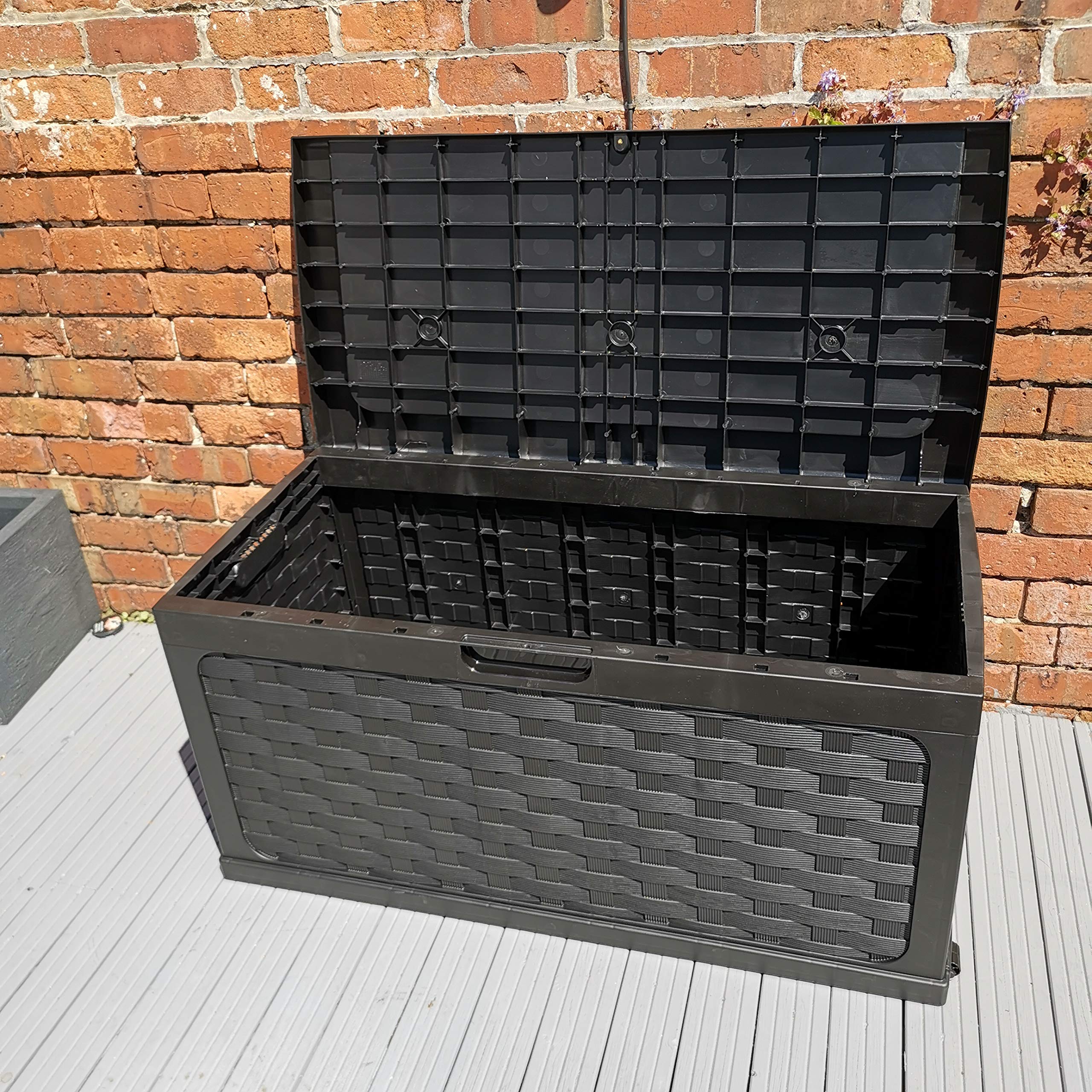 Samuel ALEXANDER 335 Litre Rattan Style Garden Cushion Storage Box with Sit on Lid – Black