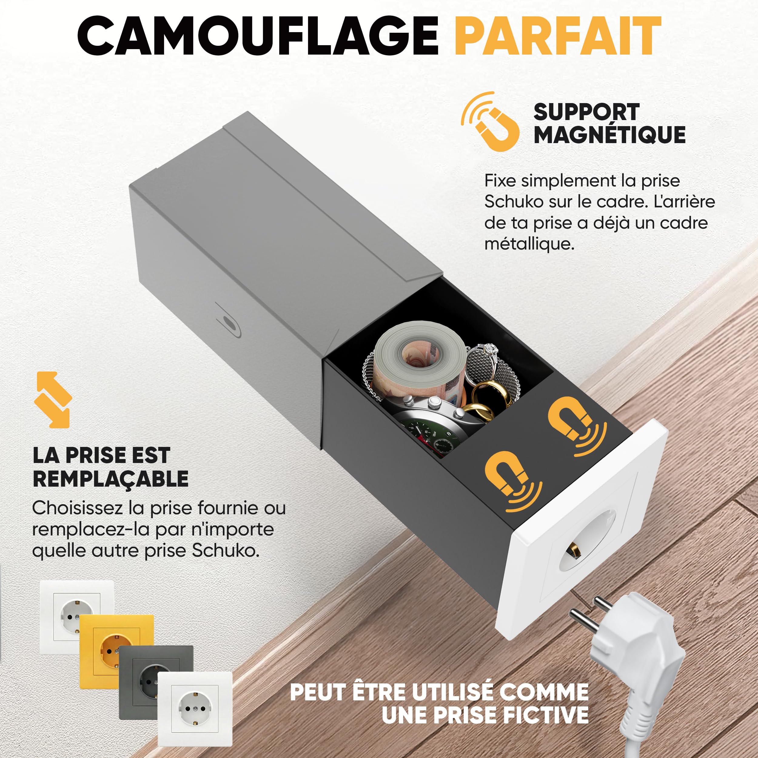 Elder Welder® Coffre Fort Compatible avec n'importe quelle simple prise | Prise Simple Schuko Authentique Incluse, Petit Coffre Fort Discret avec Cle, Mini Coffre Secret