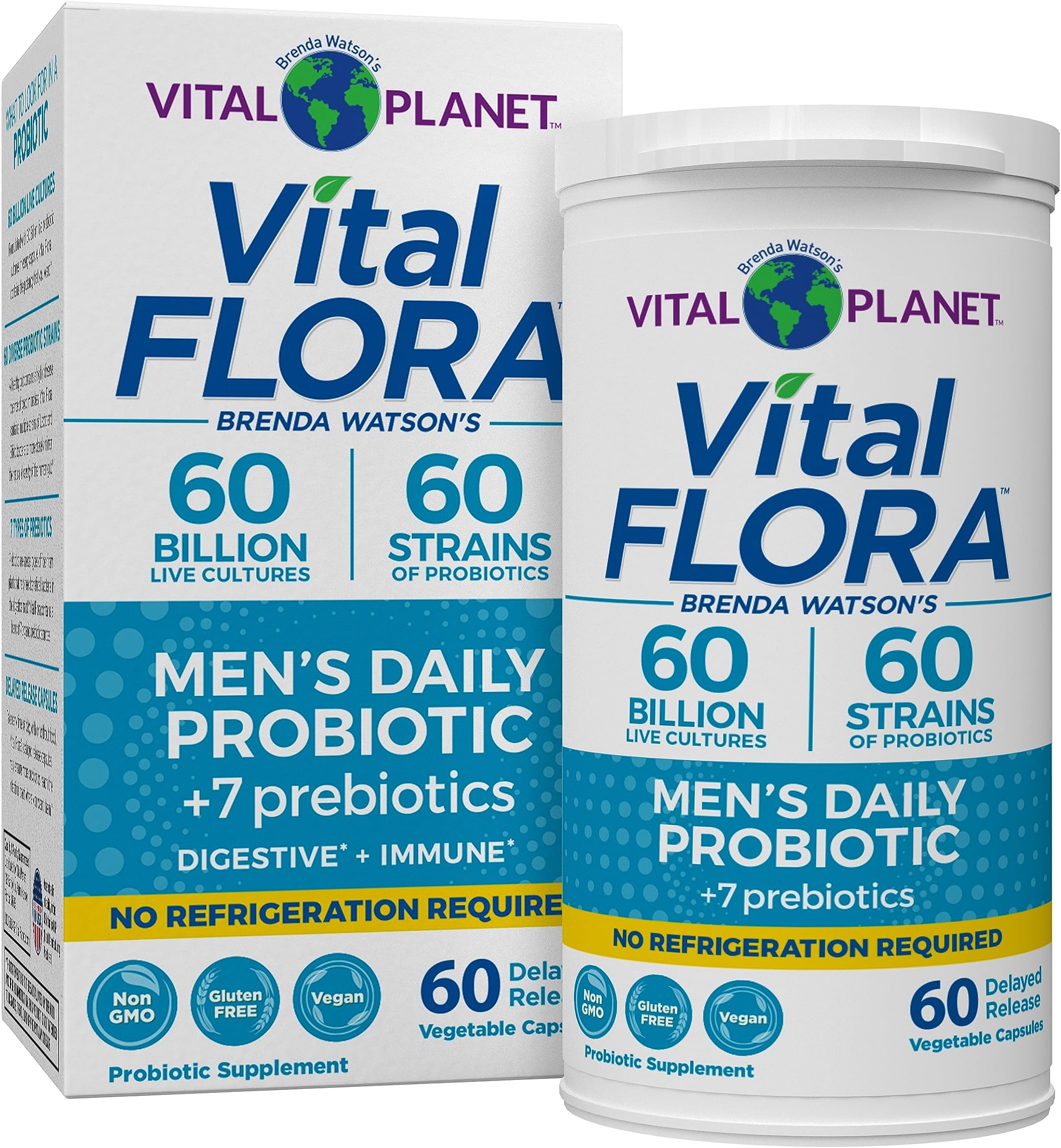 Vital Planet - Vital Flora Probiotics for Men, 60 Billion CFU, 60 Diverse Strains, 7 Organic Prebiotics, Menโs Daily Shelf Stable Probiotic for Immune Support, Gas Relief, Digestive Health 60 Capsules