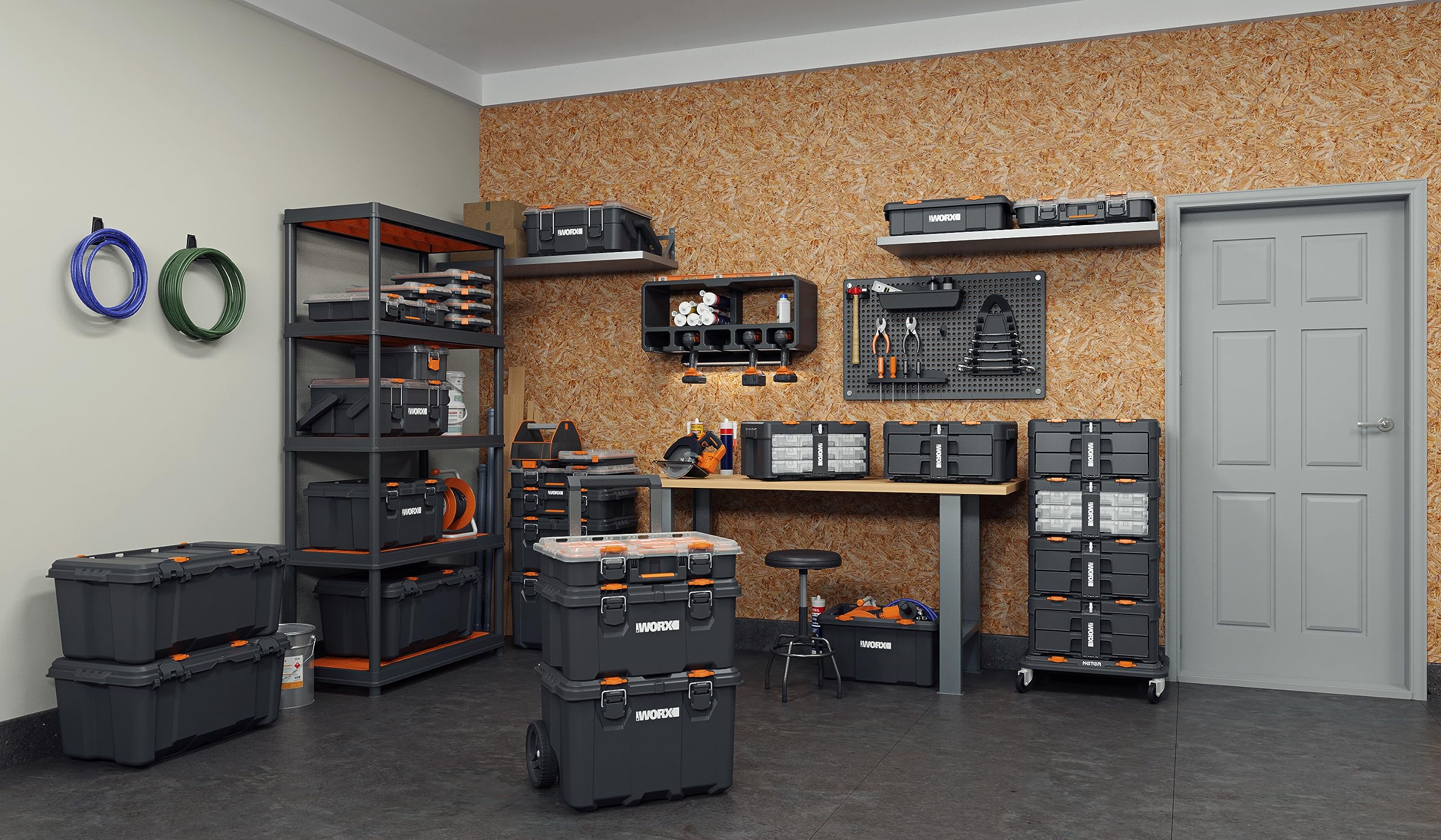 WORX - Sistema de almacenamiento modular, negro, incluido: carrito ruedas de 7 pulgadas, malette, organizador con junta impermeable, 5 años de garantía, tamaño: 41,1 x 52,5 x 69,4 cm