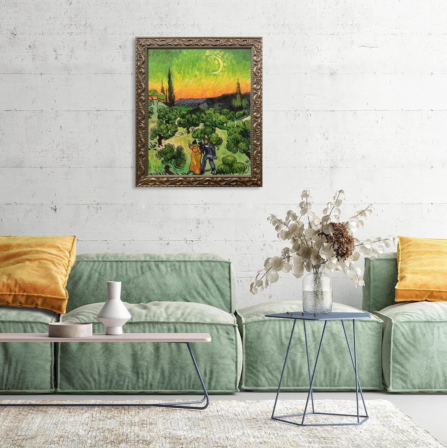 overstockArt Landscape with Couple Walking and Crescent Moon with Elegant Gold Framed Oil Painting, 30" x 26",