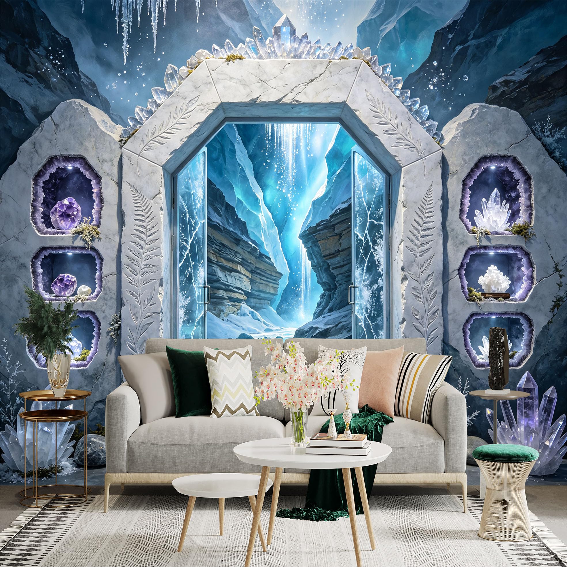 Lnzczhyre Bh260719550 Custom Size Wall Sticker Mural， Fantasy Ice Gateway， Glowing Crystal Caves， Frozen Landscape Portal， For Wall Decoration， Peelandstick Wall Decals.