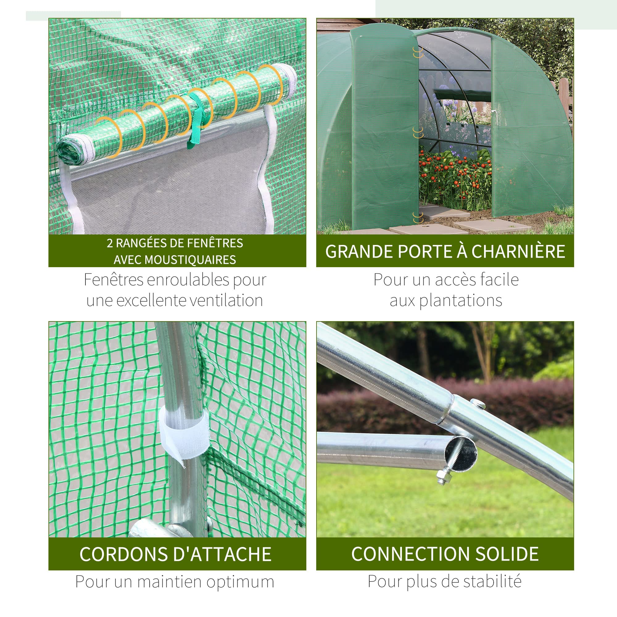 Outsunny Serre de Jardin Tunnel 12 m² 4L x 3l x 2H m Acier galvanisé renforcé + PE Haute densité fenêtres Porte Vert
