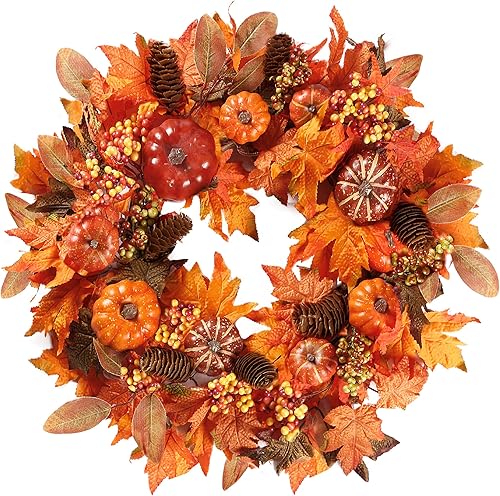 Sggvecsy Corona de otoño de 20 pulgadas, corona de otoño para puerta delantera con calabaza, bayas, hojas de arce, conos de pino para decoración de