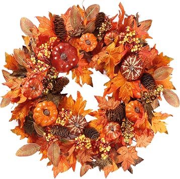 Sggvecsy Fall Wreath 20 Autumn Front Door Wreath with Various Pumpkin Cluster of Berries Maple Leaves Pine Cones for Outside Indoor Wall Window Festival Thanksgiving Harvest Autumn Fall Decor