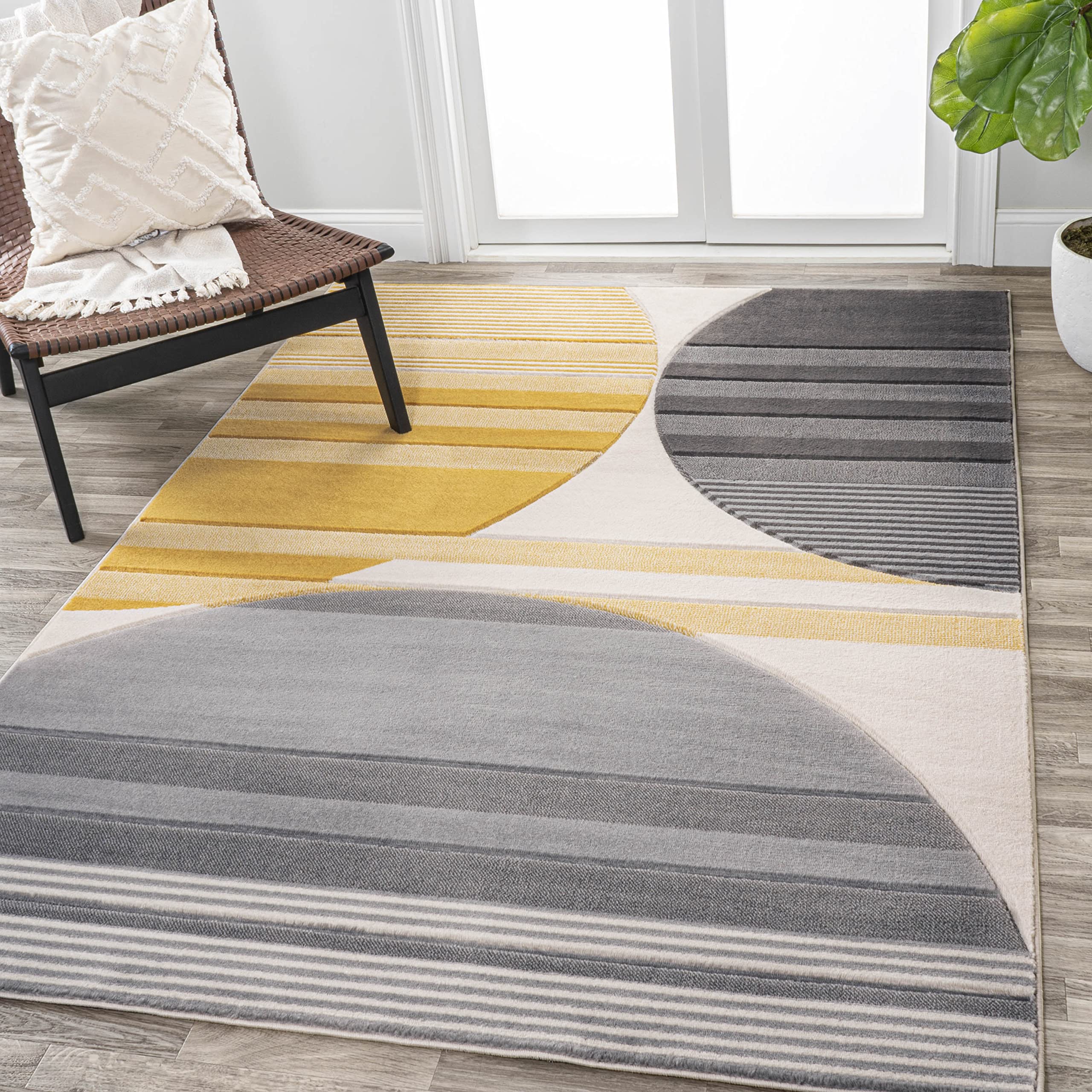 JONATHAN Y UNQ100A-5 Nicky Geometric Striped Circles Indoor Area -Rug, Modern, Contemporary, Minimalist Easy -Cleaning,Bedroom,Kitchen,Living Room,Non Shedding, Gray/Yellow/Cream, 5 X 8