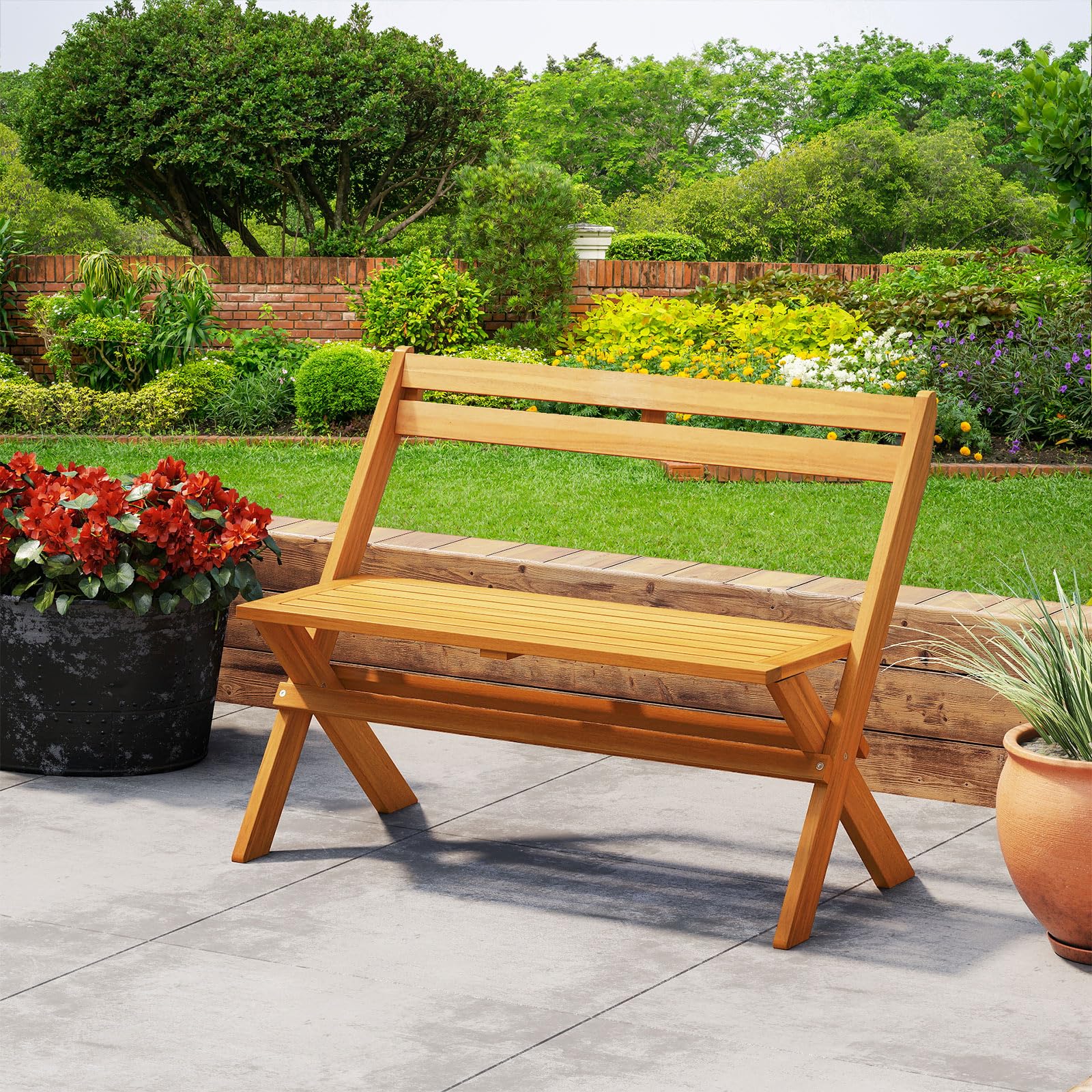 COSTWAY Panchina Pieghevole da Esterno, Panca da Giardino in Legno di Acacia per 2 Persone con Capacità di 360 kg, Panca da Esterno per Veranda, Balcone, Cortile e Parco