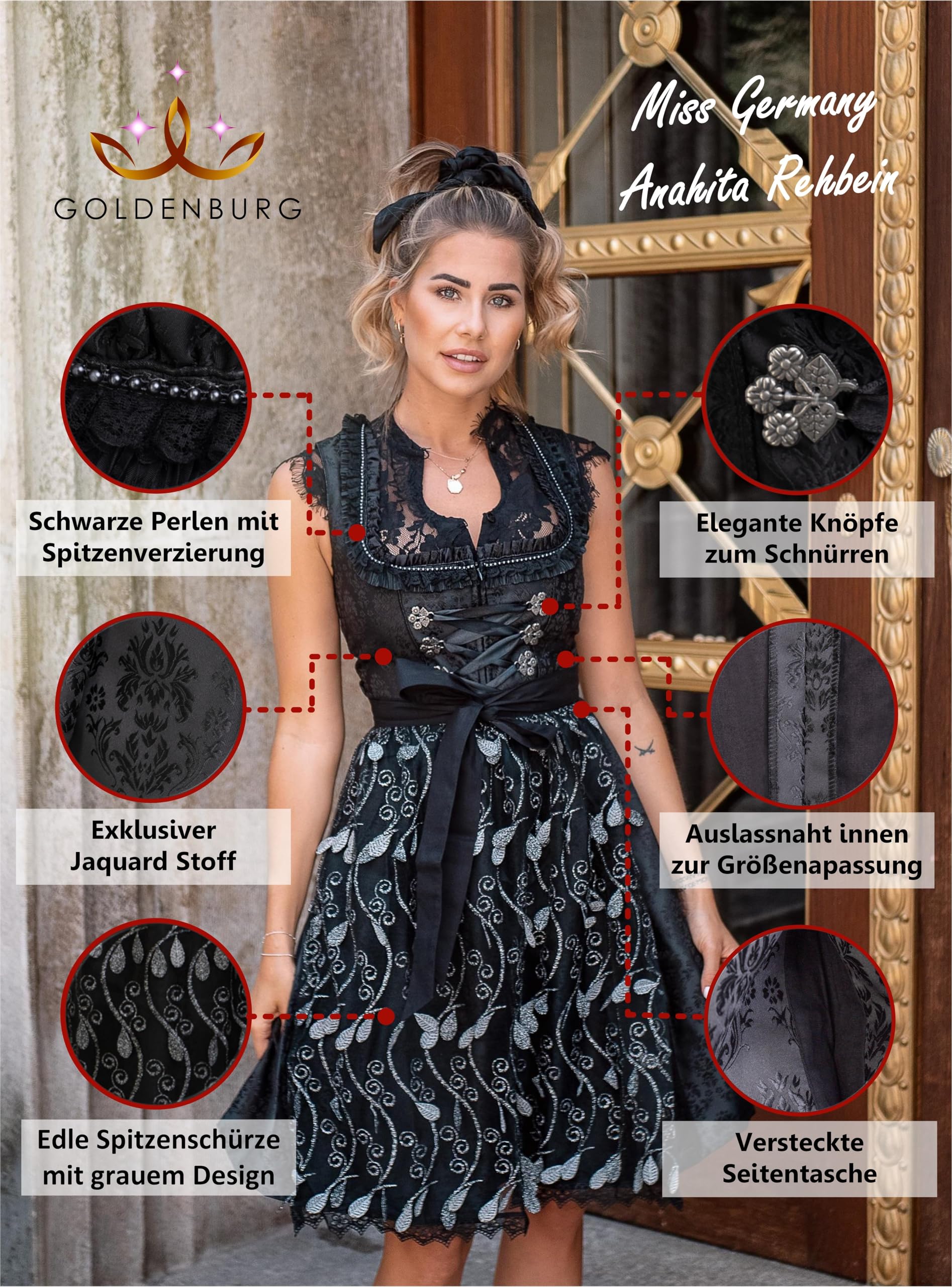 Dirndl Damen Midi mit Schürze 2tlg I Deutsche Marke I Edle Frauen Trachten aus Jaquard mit Spitzenschürze I Trachtenkleid von Gr 34 bis 46 GB1901