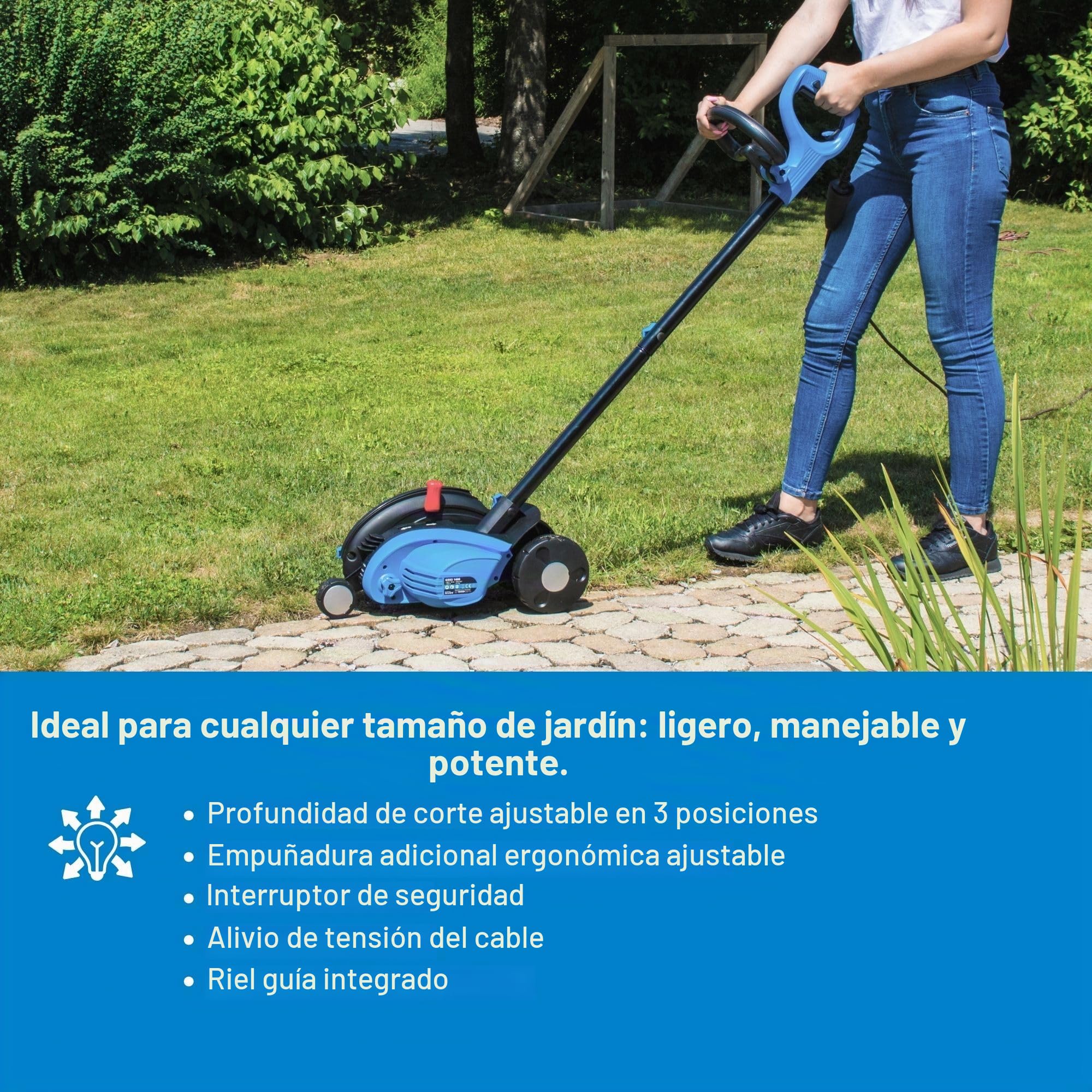 Gude GRKS 1400 Brush cutter Corriente alterna Negro, Azul - Cortacésped (Brush cutter, 1,3 cm, 3,8 cm, Cuchillas giratorias, 3 rueda(s), 4700 RPM)