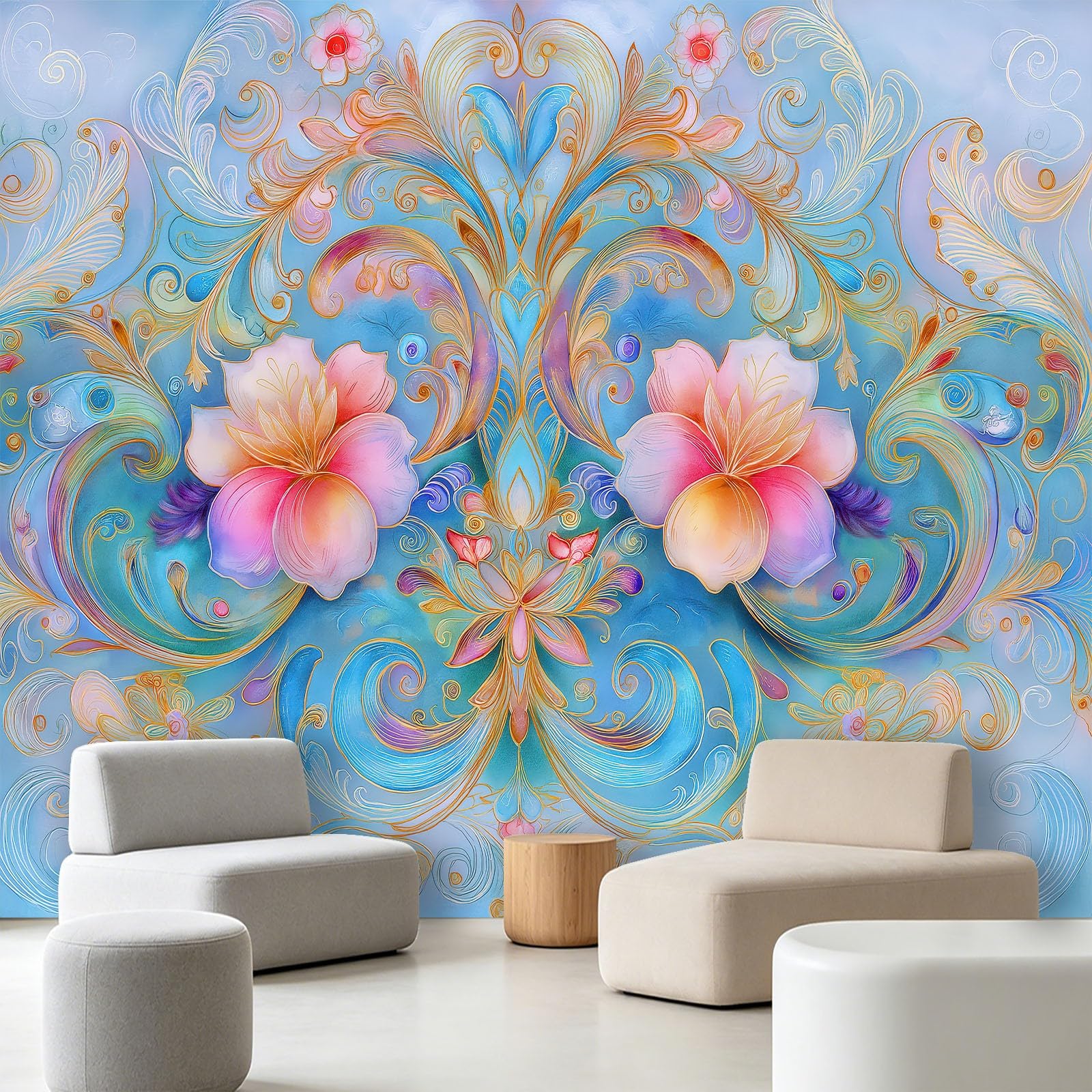 WTD - Papel pintado fotográfico (300 x 210 cm), diseño de flores, color azul claro