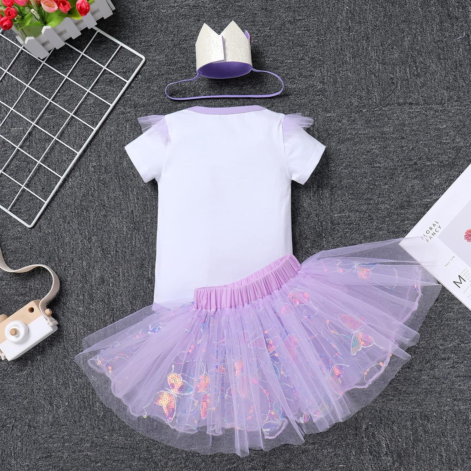 IBTOM CASTLE Baby Girl 1st Birthday Cake Smash Outfit Sequin Butterfly Romper Princess Tutu Dress Headband Photoshoot Clothes - Image 3
