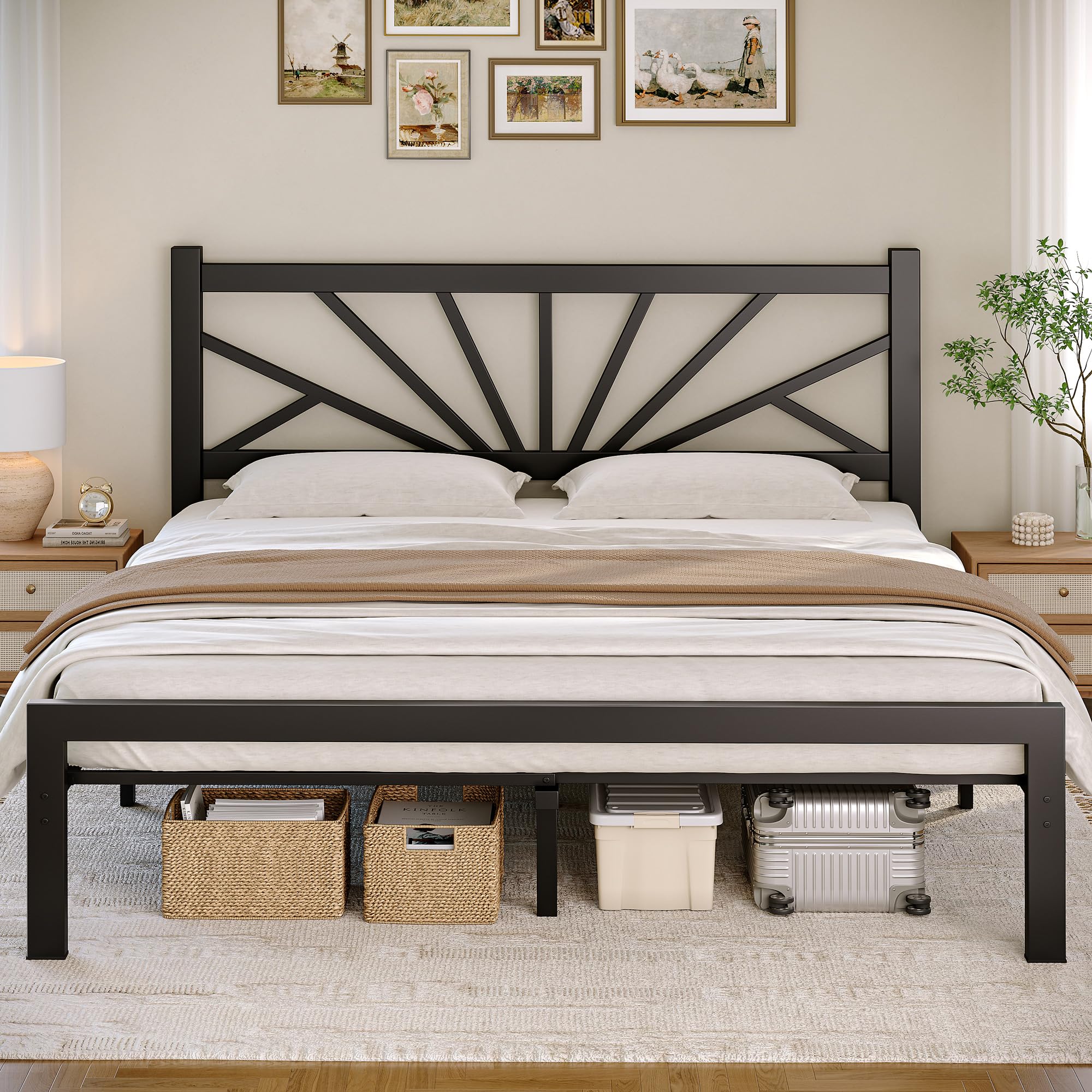 Letto in metallo 160x200 cm con rete a doghe, rete metallica, portata 400 kg, testiera 100 ​​cm, spazio contenitore sotto il letto, non necessita di materasso a molle, moderno nero