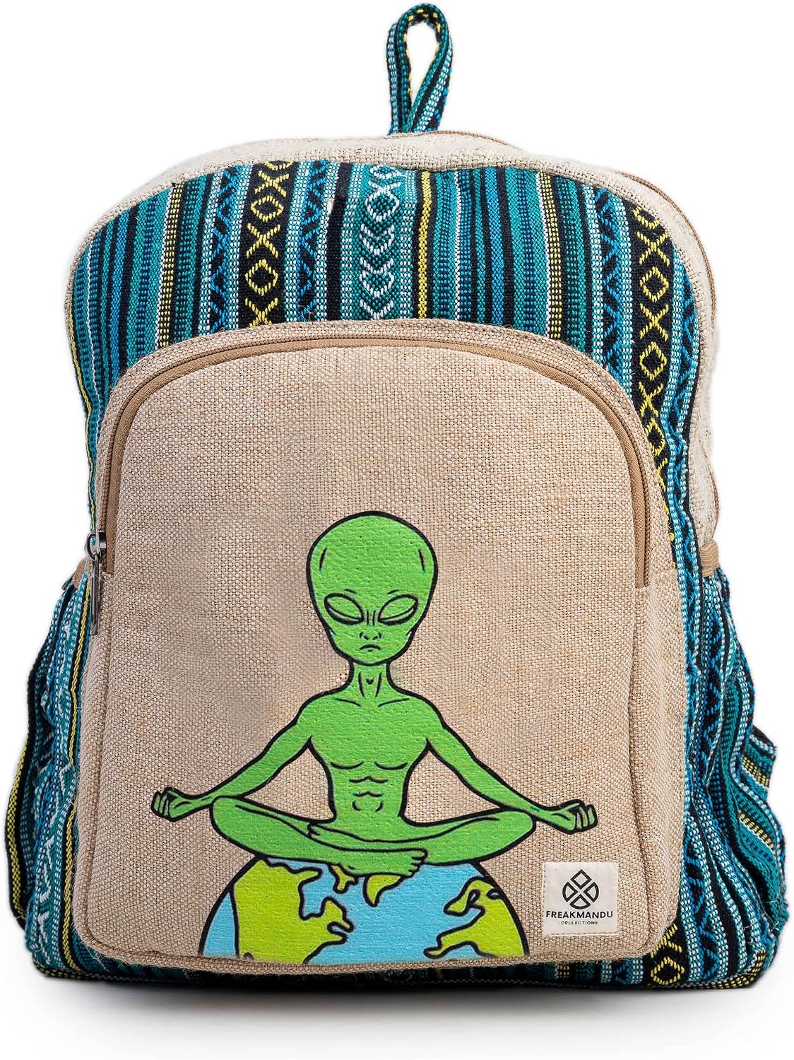Meditating Alien Hemp Backpack Bag - Eco Friendly Hippie Yak Design Durable Functional Traveling Hiking Friendly Casual Daypack Bag by Freakmandu