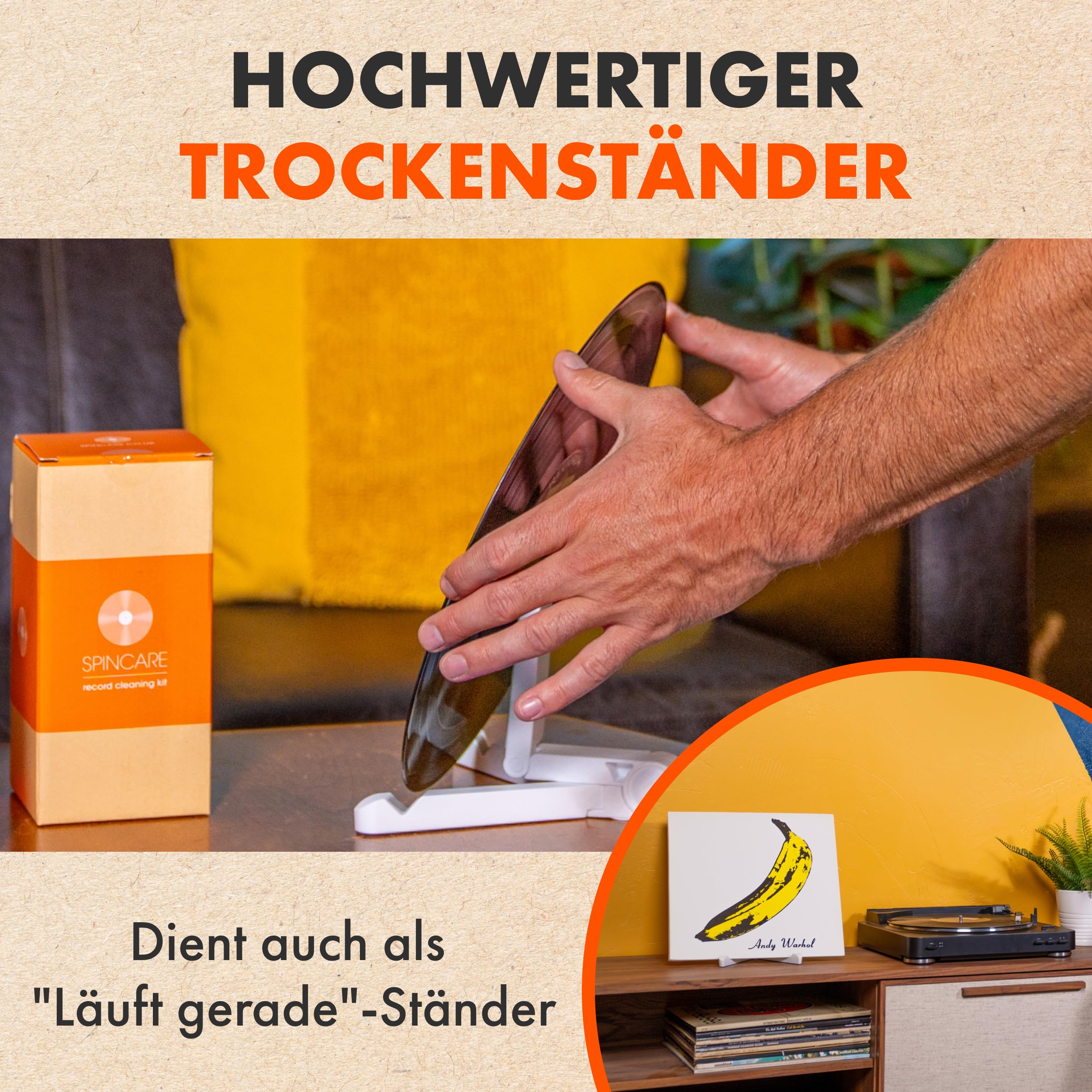 5-in-1 Vinyl Schallplatten LP Reinigungsset von SPINCARE | Mit Antistatischer Schallplattenbürste/Karbonfaser-Nadelbürste/Schallplatten Reinigung Lösung/Ständer zum Trocknen