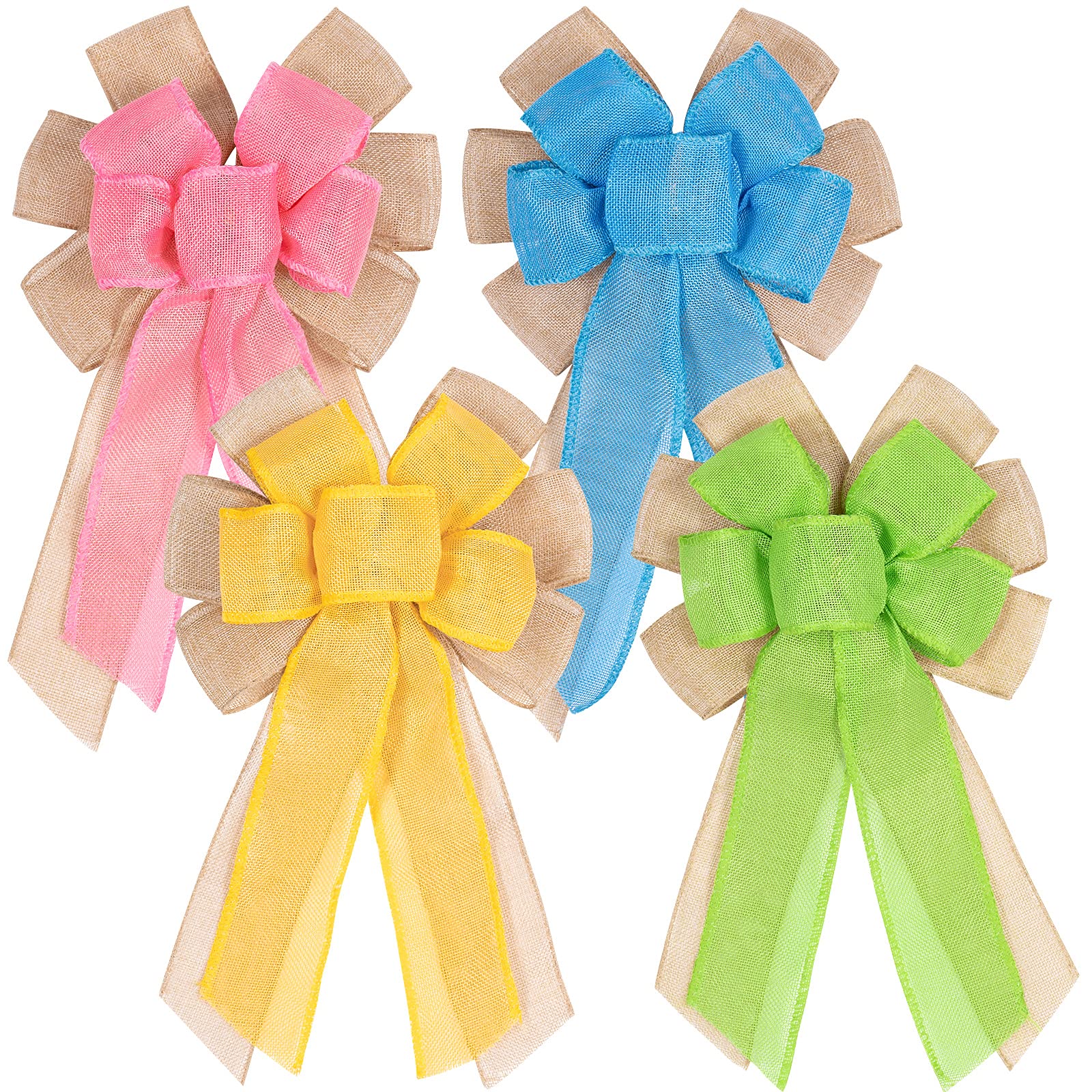 Whaline4pcs Large Summer Wreath Bow Multilayer Decorative Burlap Bow Blue Green Yellow Pink Tree Bow Colorful Hanging Ornament for Indoor Outdoor Bunting Wreath Party Door Wall Decoration