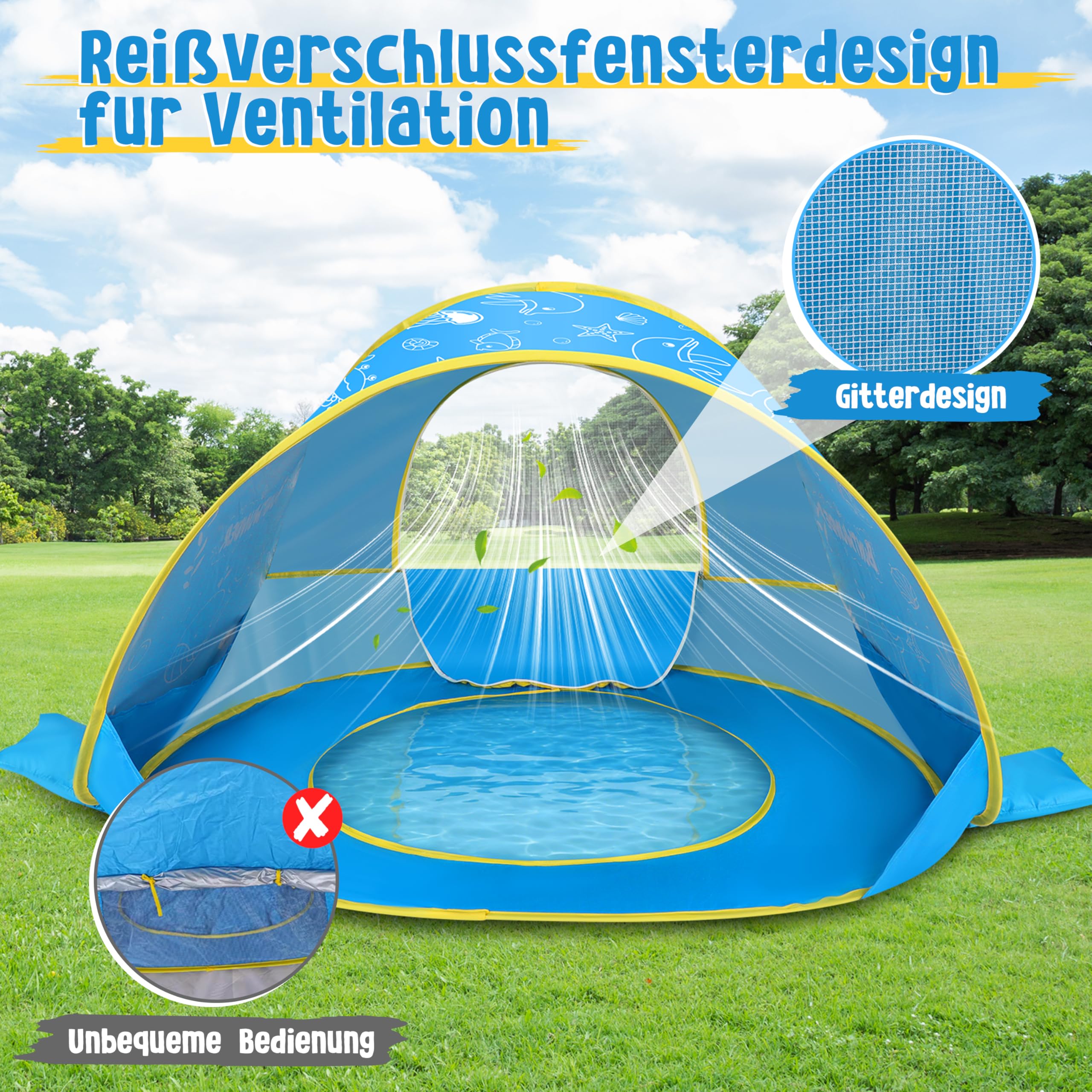 Herenear Pop-up Strandmuschel Baby, Strandzelt mit UV-Schutz 50+, Tragetasche & 4 Heringen, Leichtes Baby Strand Zelt für Sonnenschutz, Spielen & Entspannen am Strand, Garten, Camping (Blau) Sports & Outdoors