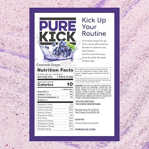 Miniatura 2 de PURE KICK Hydration Singles to Go Drink Mix, Concord Grape, incluye 12 cajas con 6 paquetes en cada caja, 72 paquetes en total