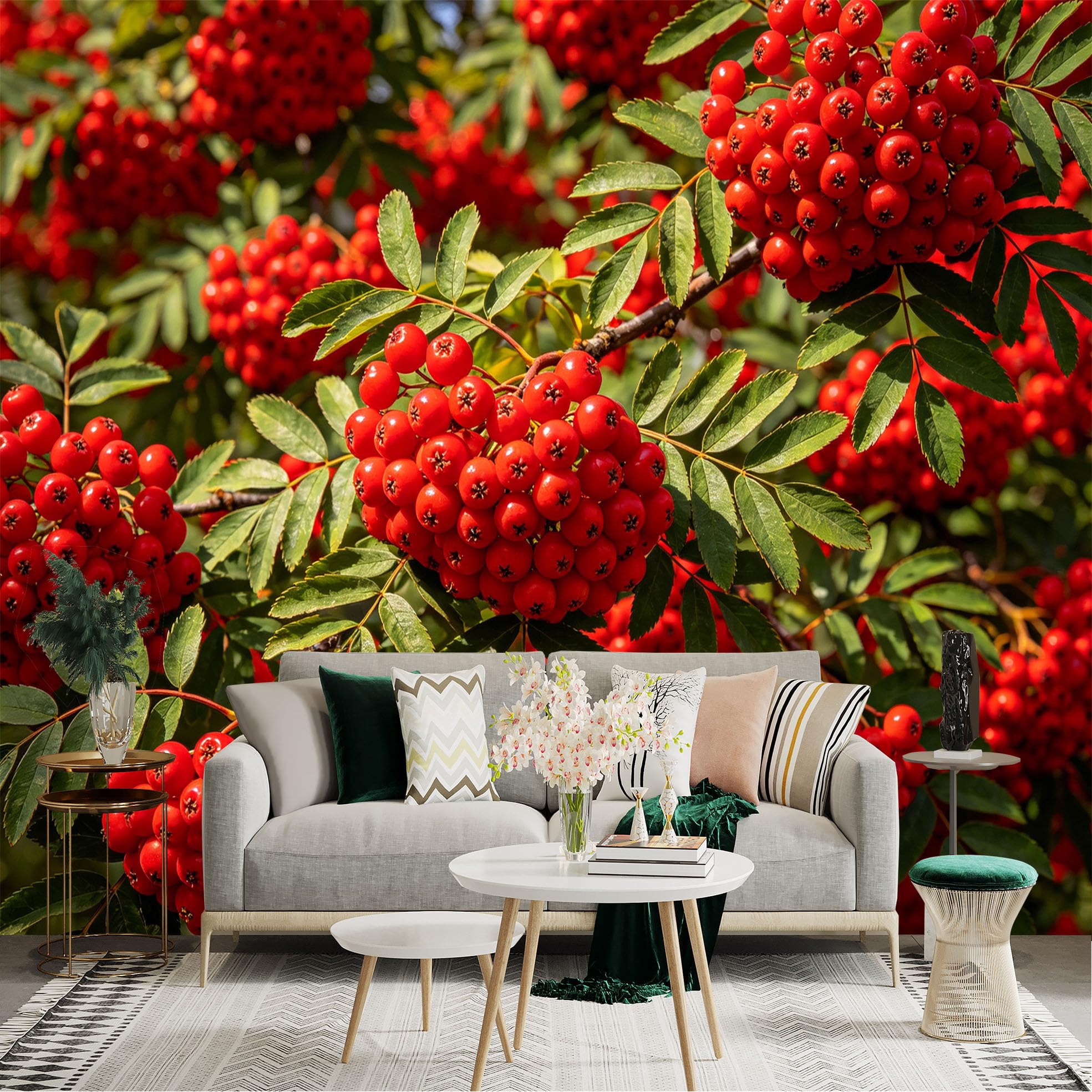 Lnzczhyre Dbh260521254 Custom Size Wall Sticker Mural， Bright Red Rowan Berries， Autumn Nature Scenery， Vibrant Harvest Fruit， For Wall Decoration， Peelandstick Wall Decals.