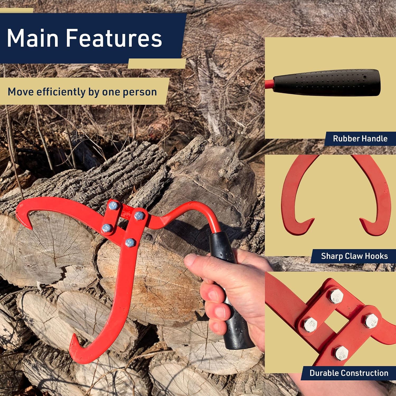 Kings County Tools Log Tongs - One-Handed Skidding Tongs with 6.75” Claw Opening and Non-Slip Grip - Fireplace Tongs Log Grabber for Fire Pit, Campfire Tongs, or Lifting Firewood - Logging Tools