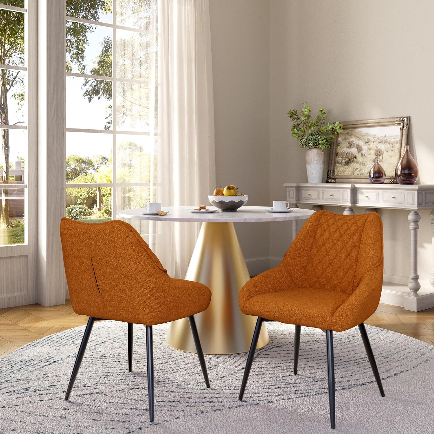 Clihome Modern Dining Chairs Set of 2, Upholstered Kitchen Chairs with Metal Legs, Fabric Accent Chairs for Dining Living Room Kitchen, Yellow
