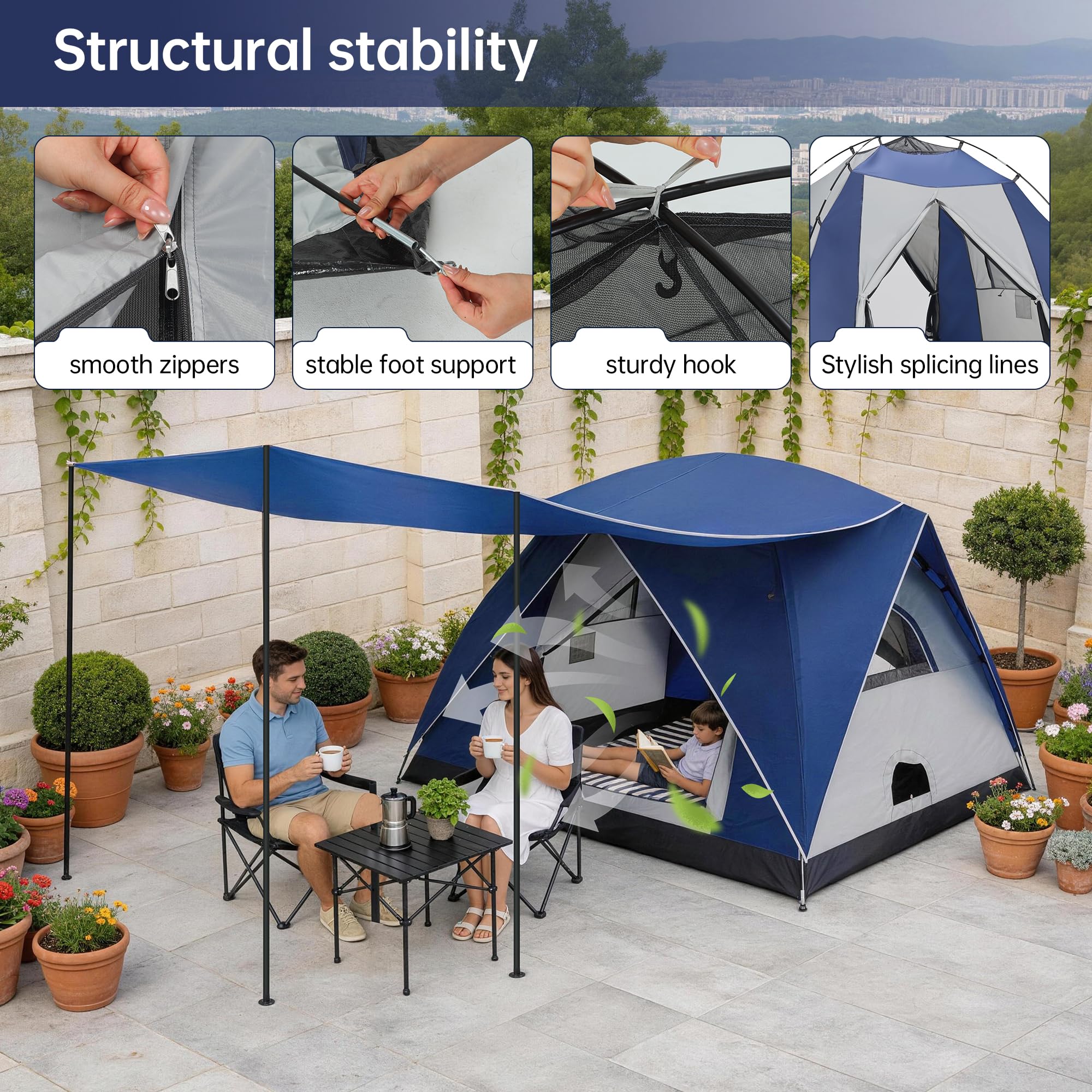 Tienda de campaña con cúpula para 2-3 personas con sala de estar y toldo, doble capa impermeable, ligera, fácil de instalar, bolsa de transporte portátil para senderismo, 210 x 210 + 150 x 160 cm