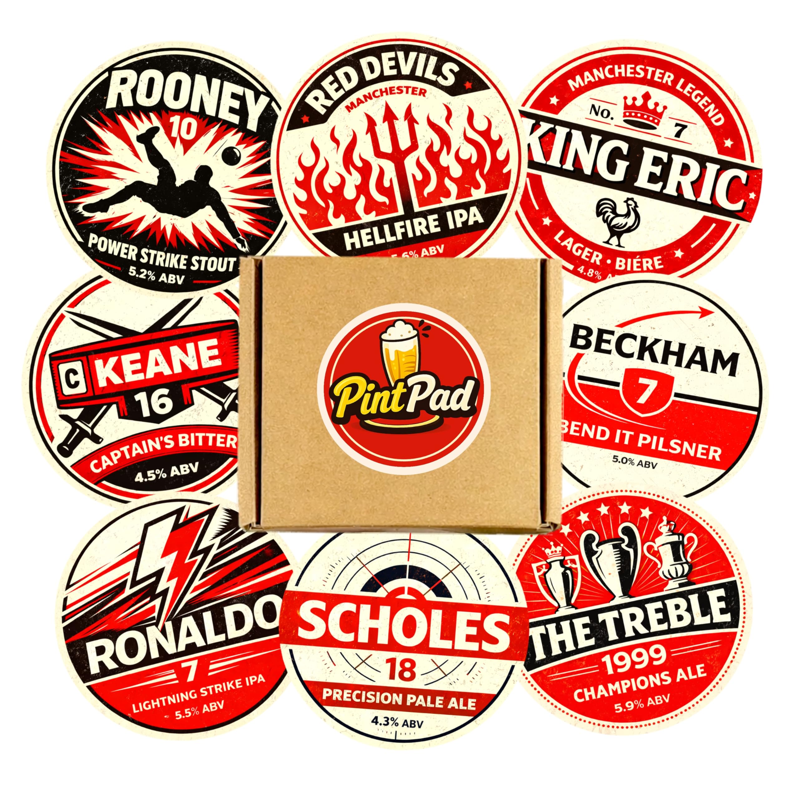 Man United Themed Beer Mats – Pack of 8 Pub Style 95mm Coasters – Manchester United Fan Gift for Man Cave, Home Bar & Games Room – Novelty Pub Football Coaster Set